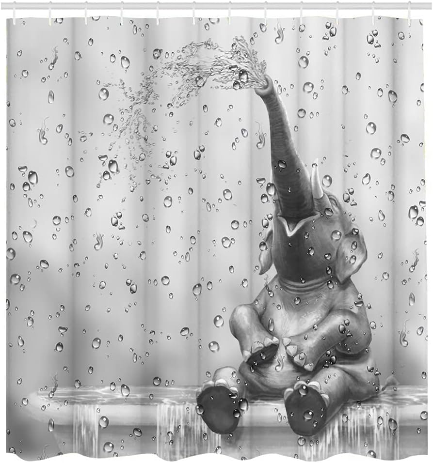 Cute Elephant Shower Curtain With Wild Animal And Raindrop Background