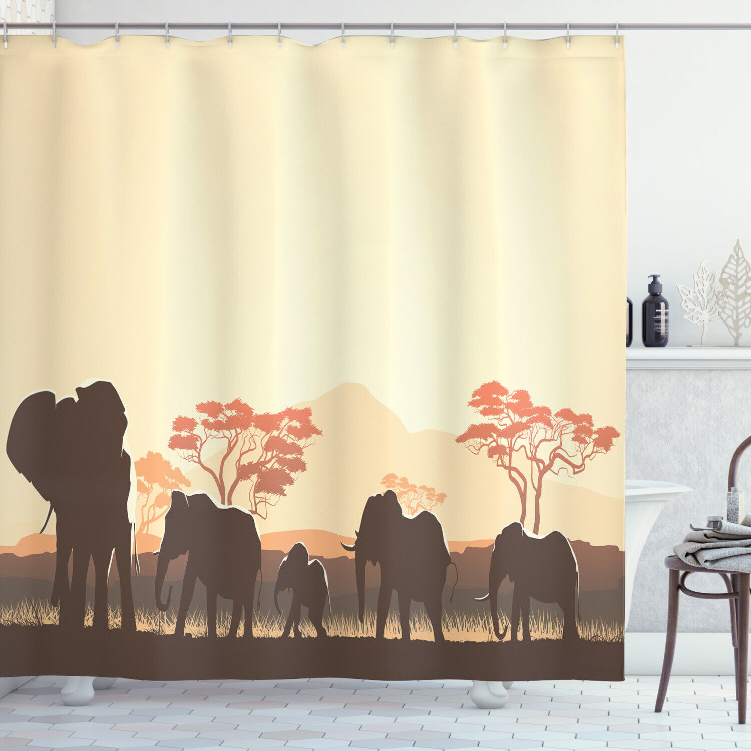 Safari Animal Elephant African Shower Curtain With Wildlife Print For Bathroom Decor