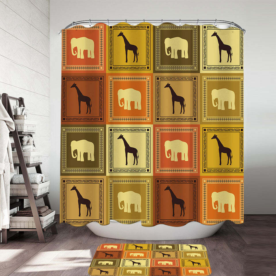 Elephants And Giraffes African Elements Shower Curtain For Ethnic Bathroom Decor
