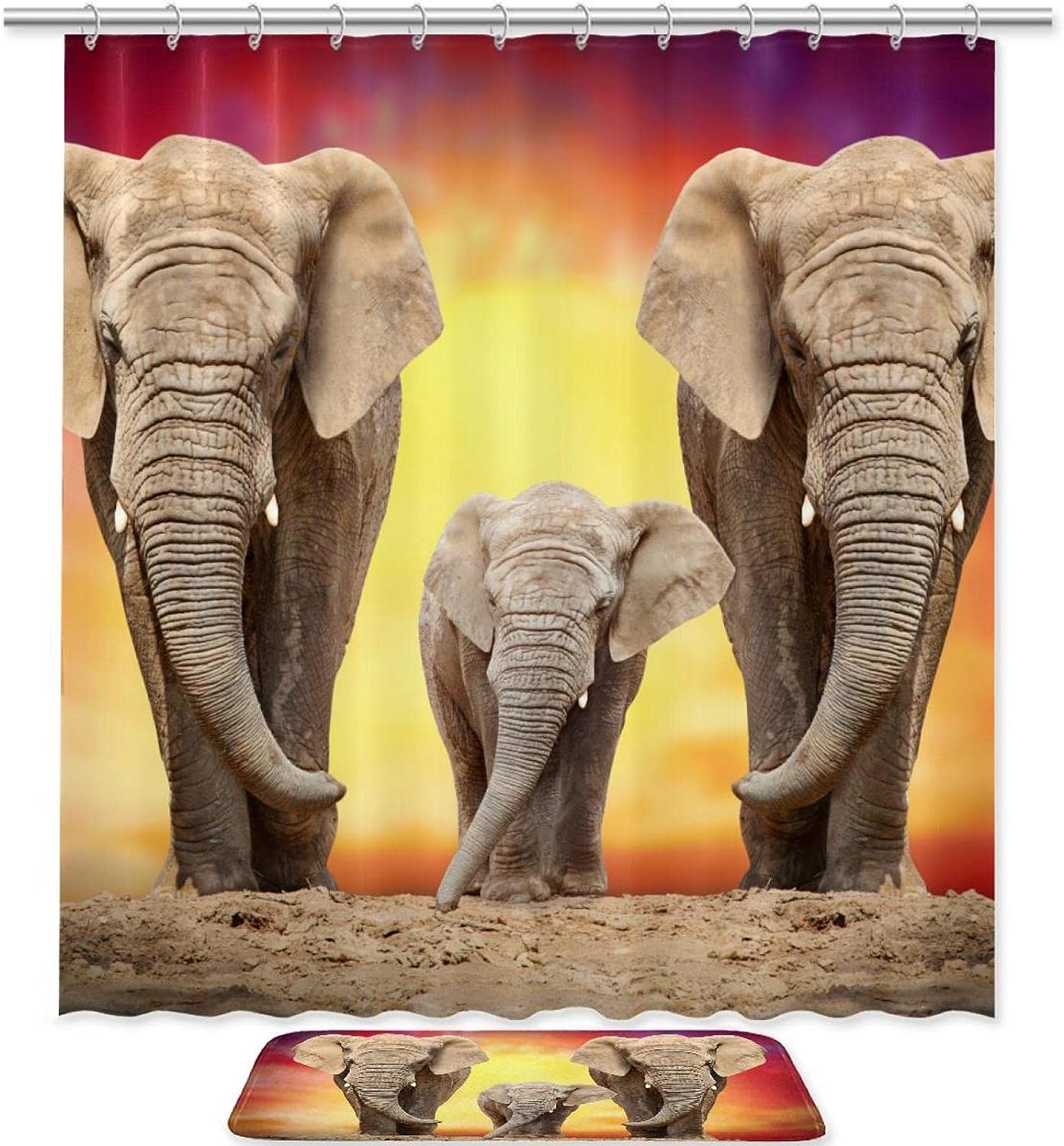 Family Elephant Waterproof Shower Curtain For African Safari Bathroom Decor