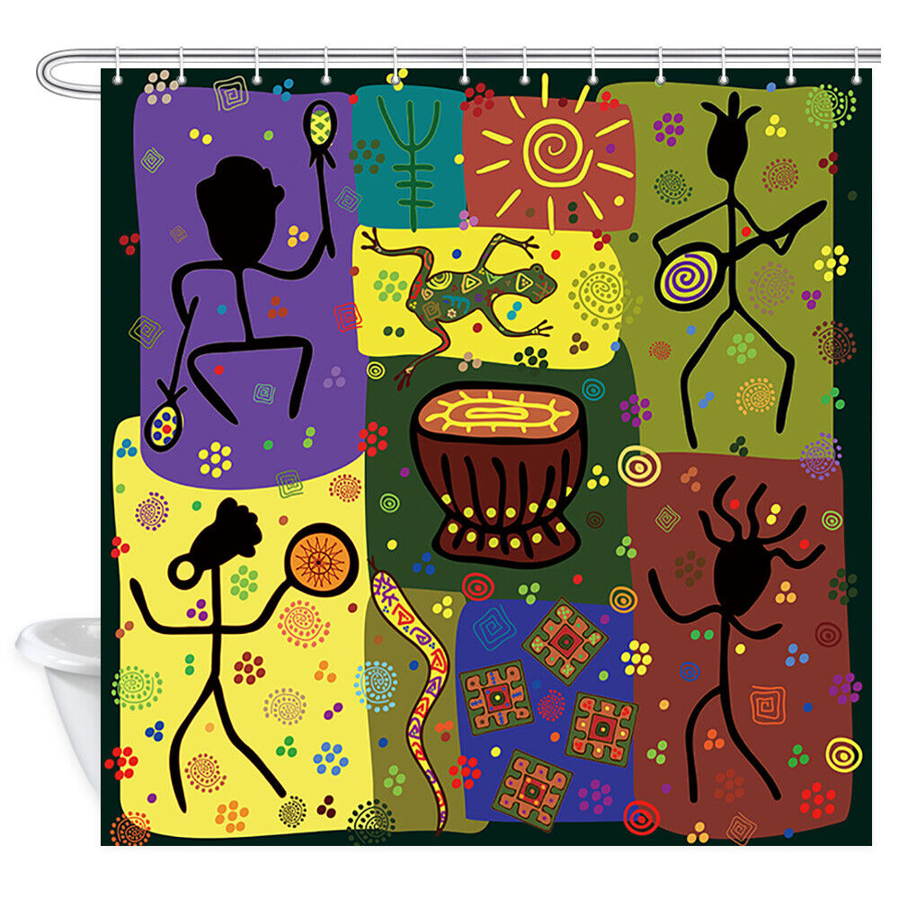 African Music Extra Long Fabric Shower Curtain With Frog And Snake Print For Waterproof Bathroom