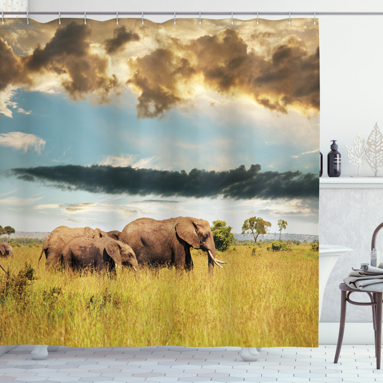 Elephant Family African Shower Curtain With Photo Print For Safari Bathroom Decor