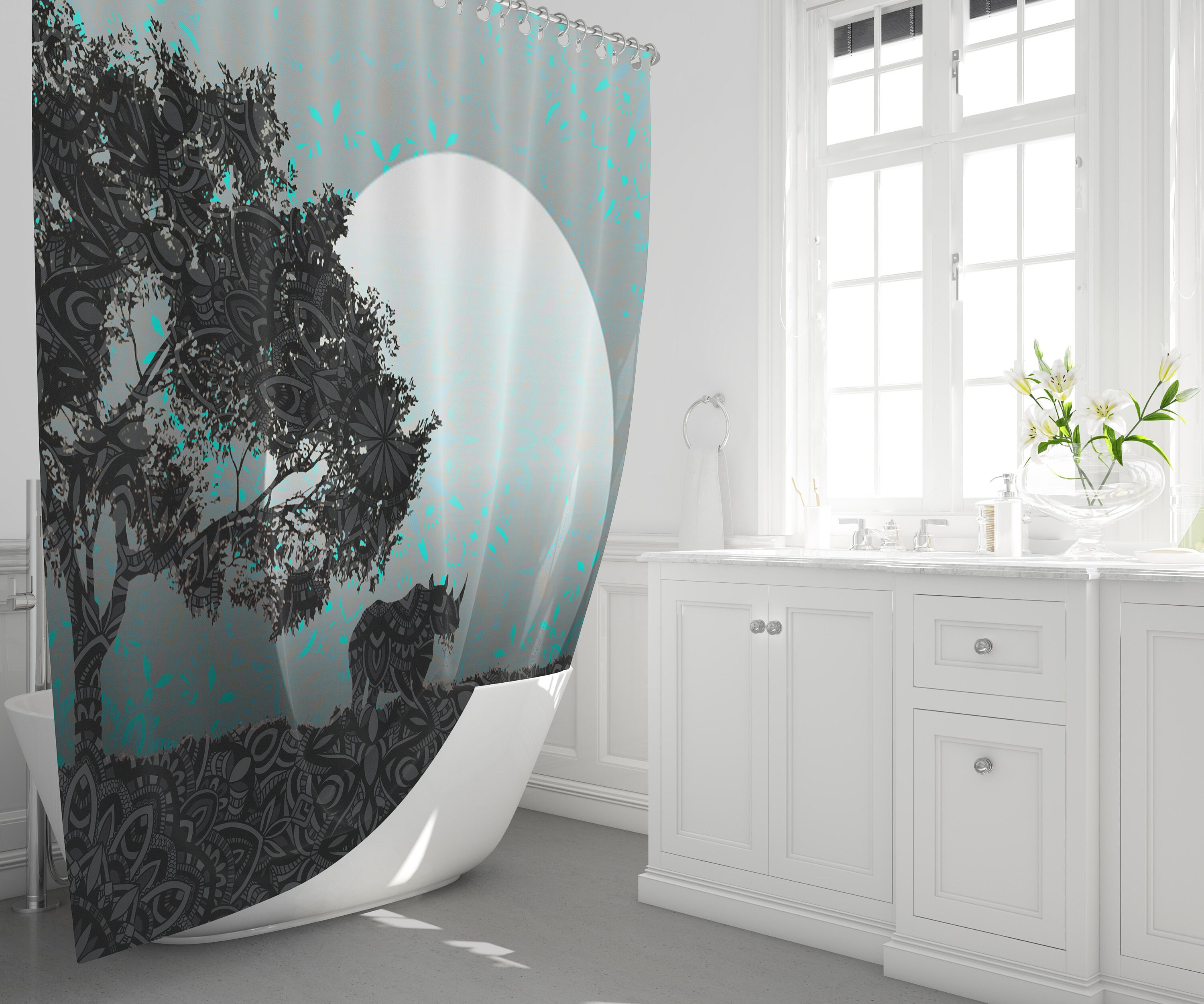 African Night Rhino Shower Curtain With Mandala Design And Moon Silhouette