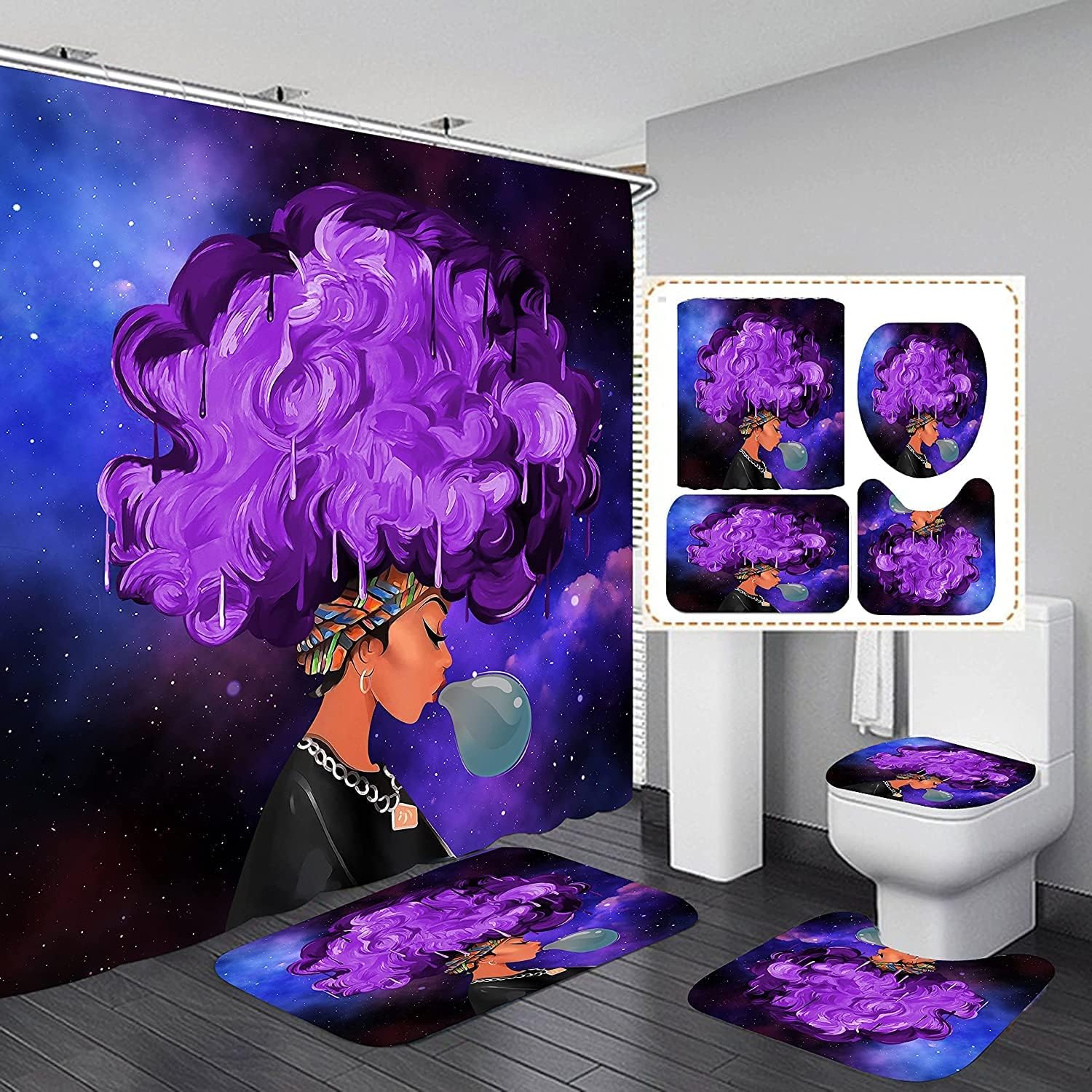 Green African American Bathroom Decor Set With Fabric Shower Curtain