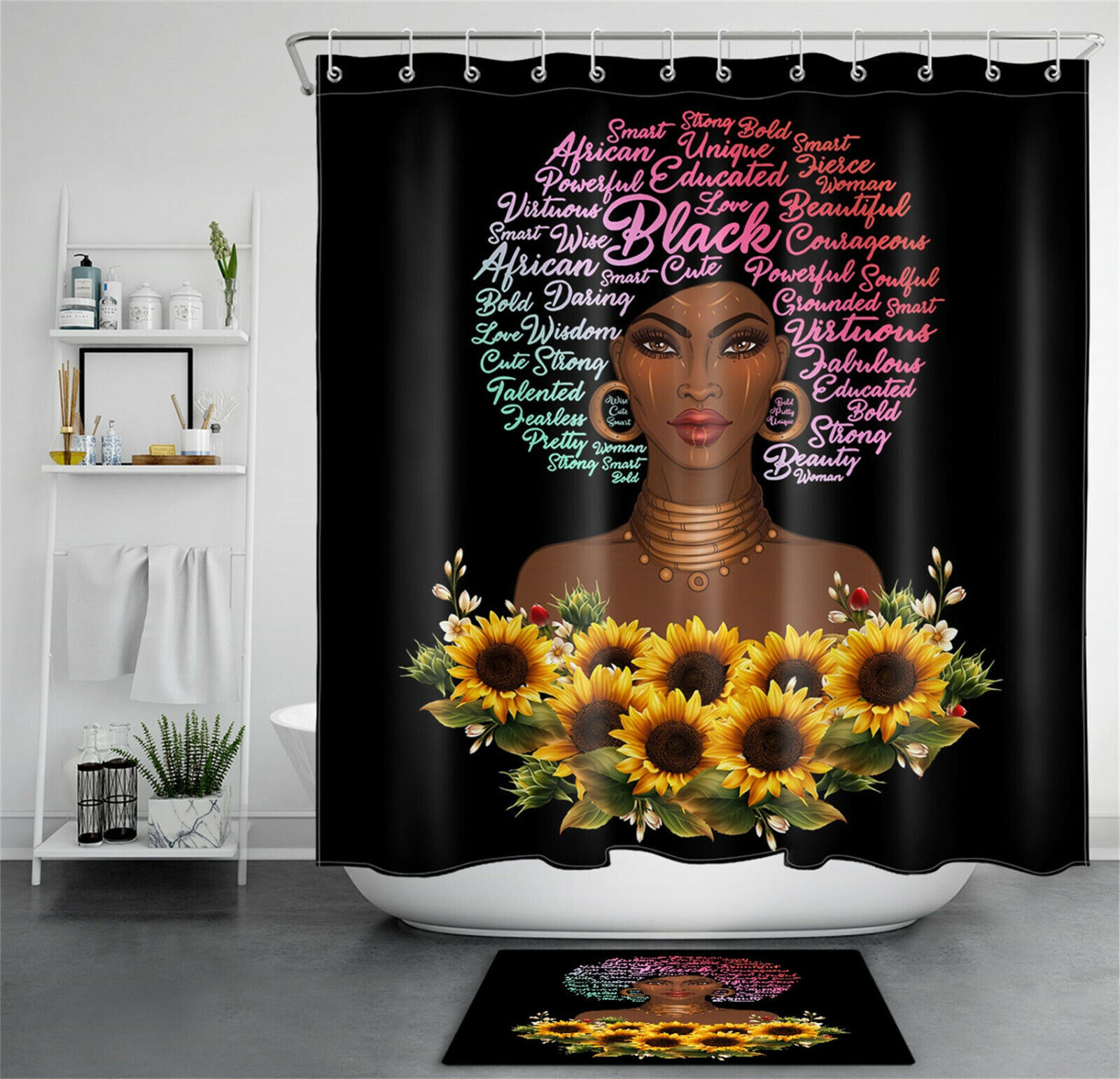 Sunflower African American Women Shower Curtain For Chic Bathroom Decor