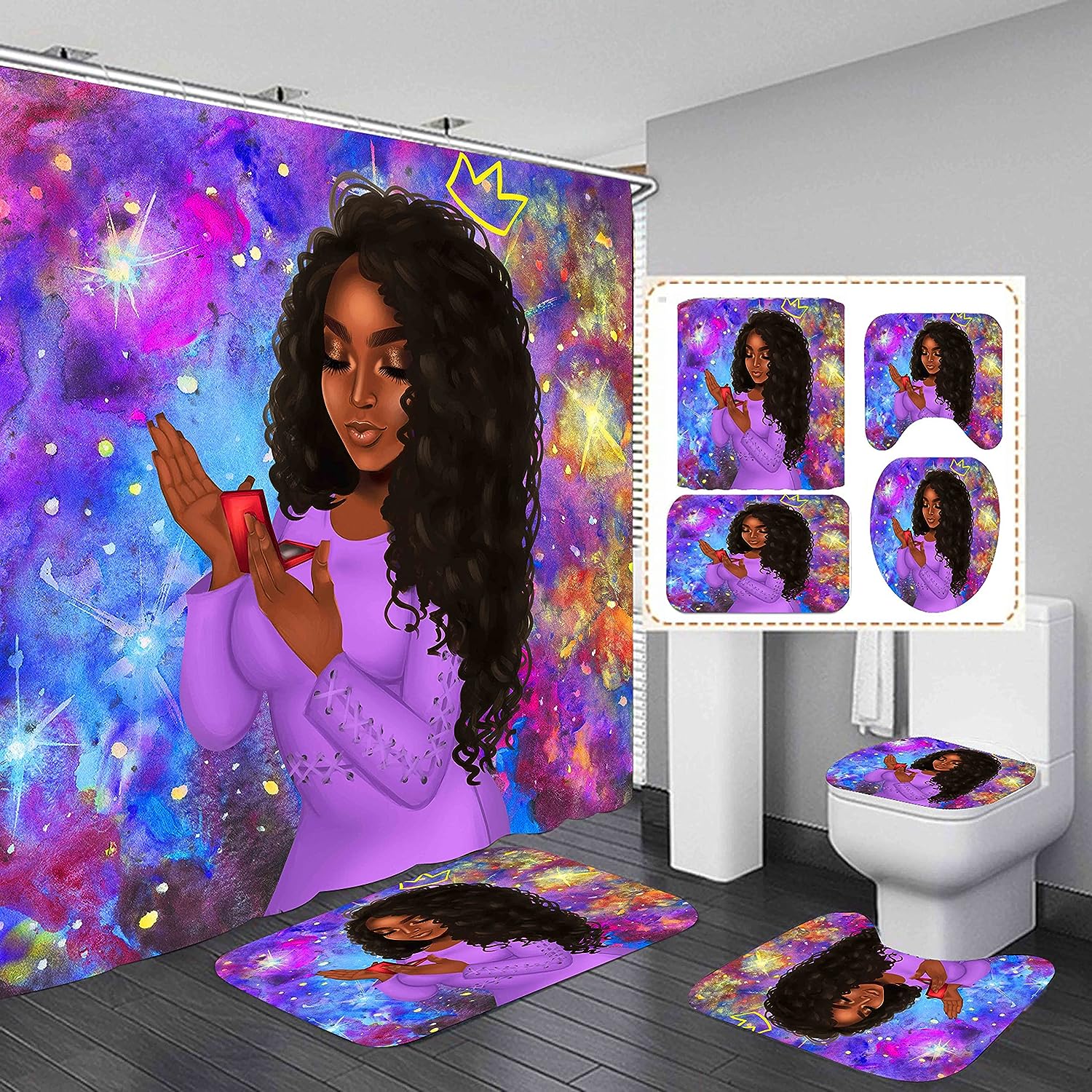 Purple African American Shower Curtain And Bathroom Accessory Set