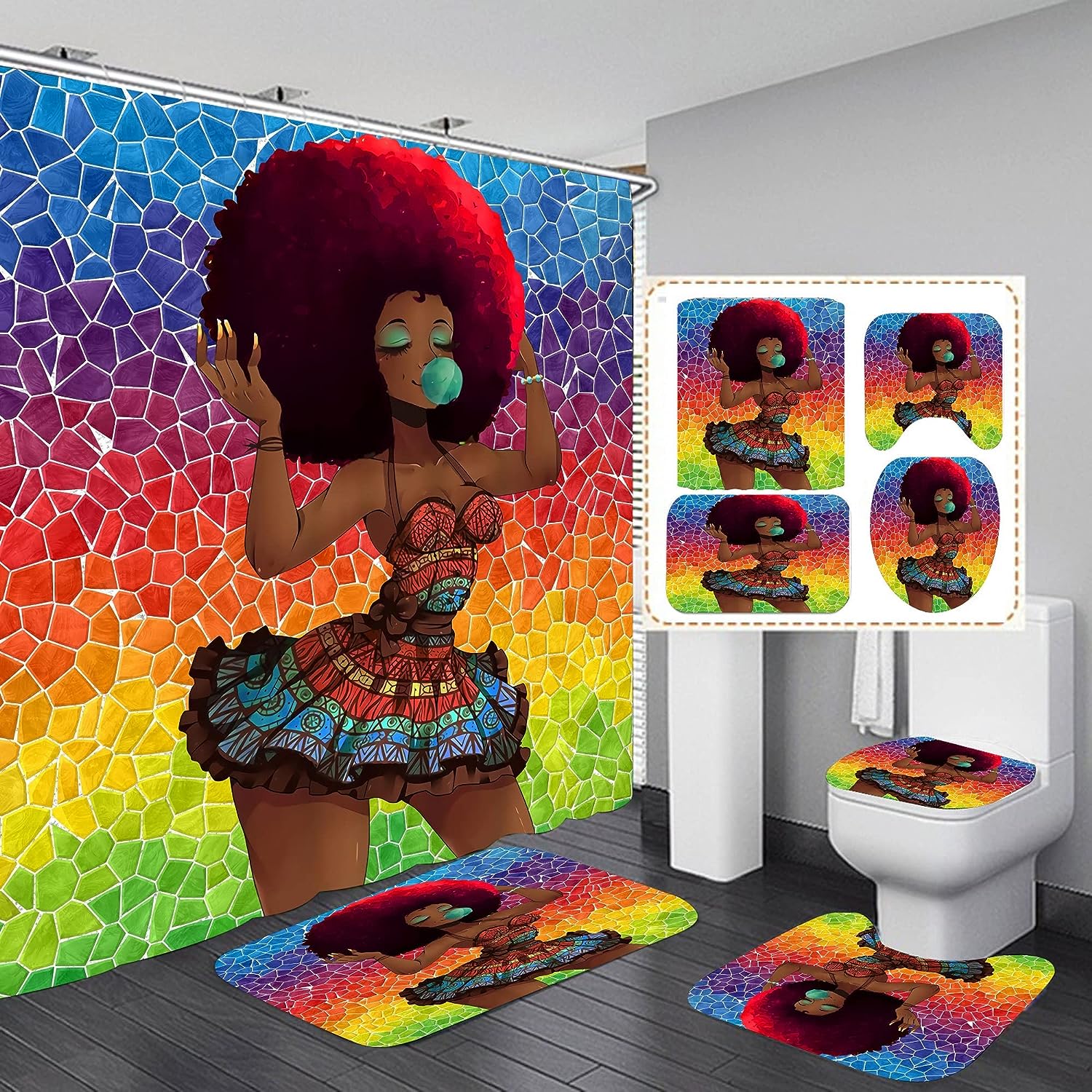Colorful African American Shower Curtain Set With Accessories For Bathrooms