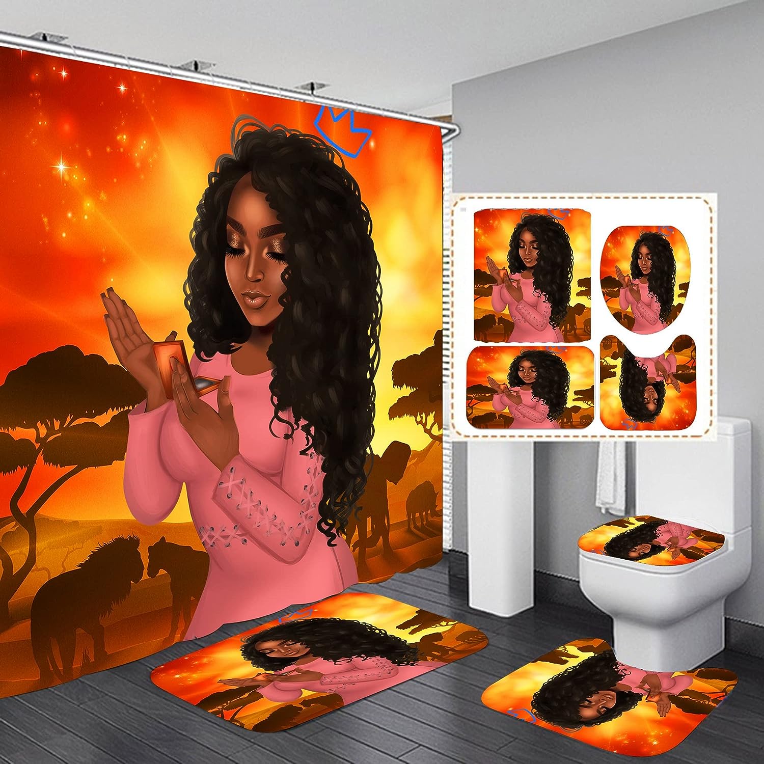 Orange African American Shower Curtain Set With Bathroom Accessories