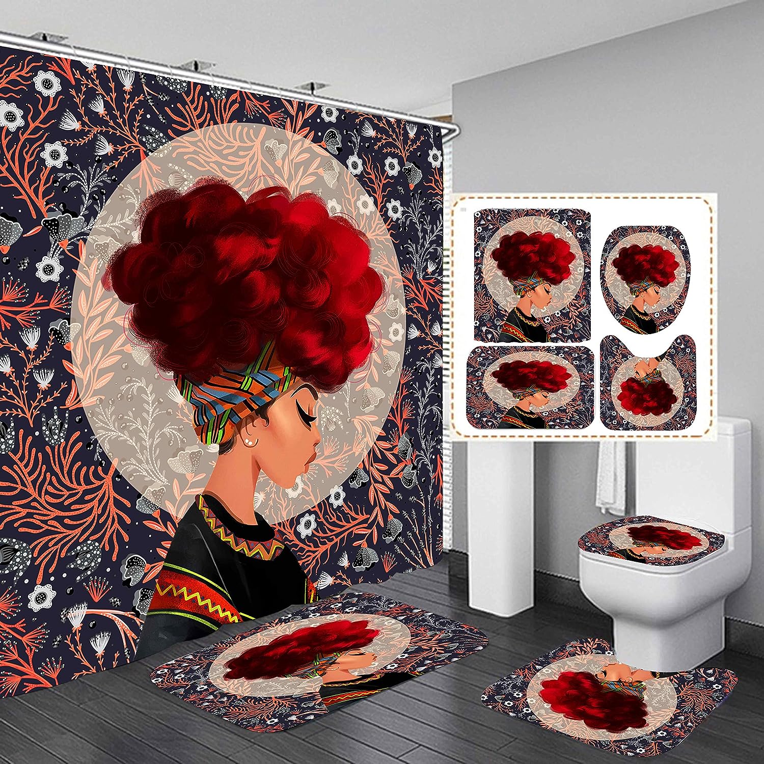 Stylish African American Shower Curtain And Accessory Set For Bathrooms