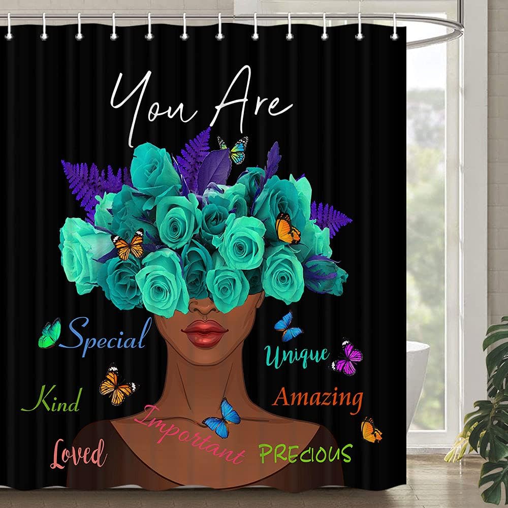 Inspirational Black Woman Shower Curtain Motivational Words With Teal Roses For Bathroom Decor