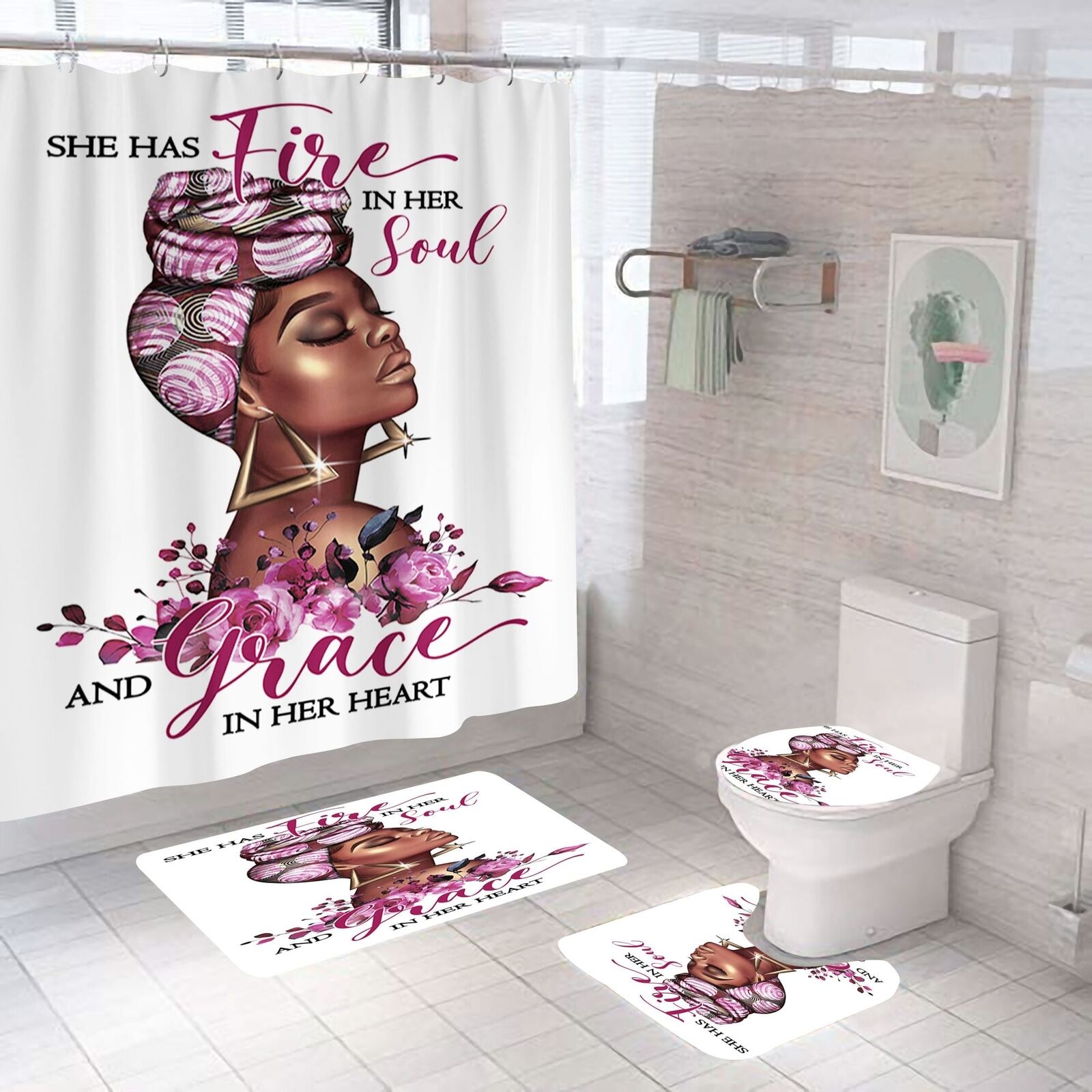 Spirit Goddess African American Shower Curtain 4 Piece Set For Bathroom Decor