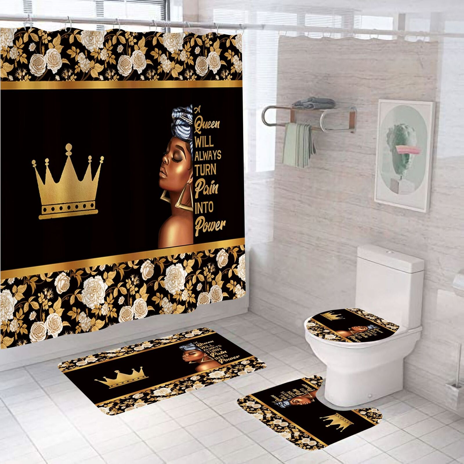 Queen Power African American Shower Curtain 4 Piece Set For Bathroom Decor