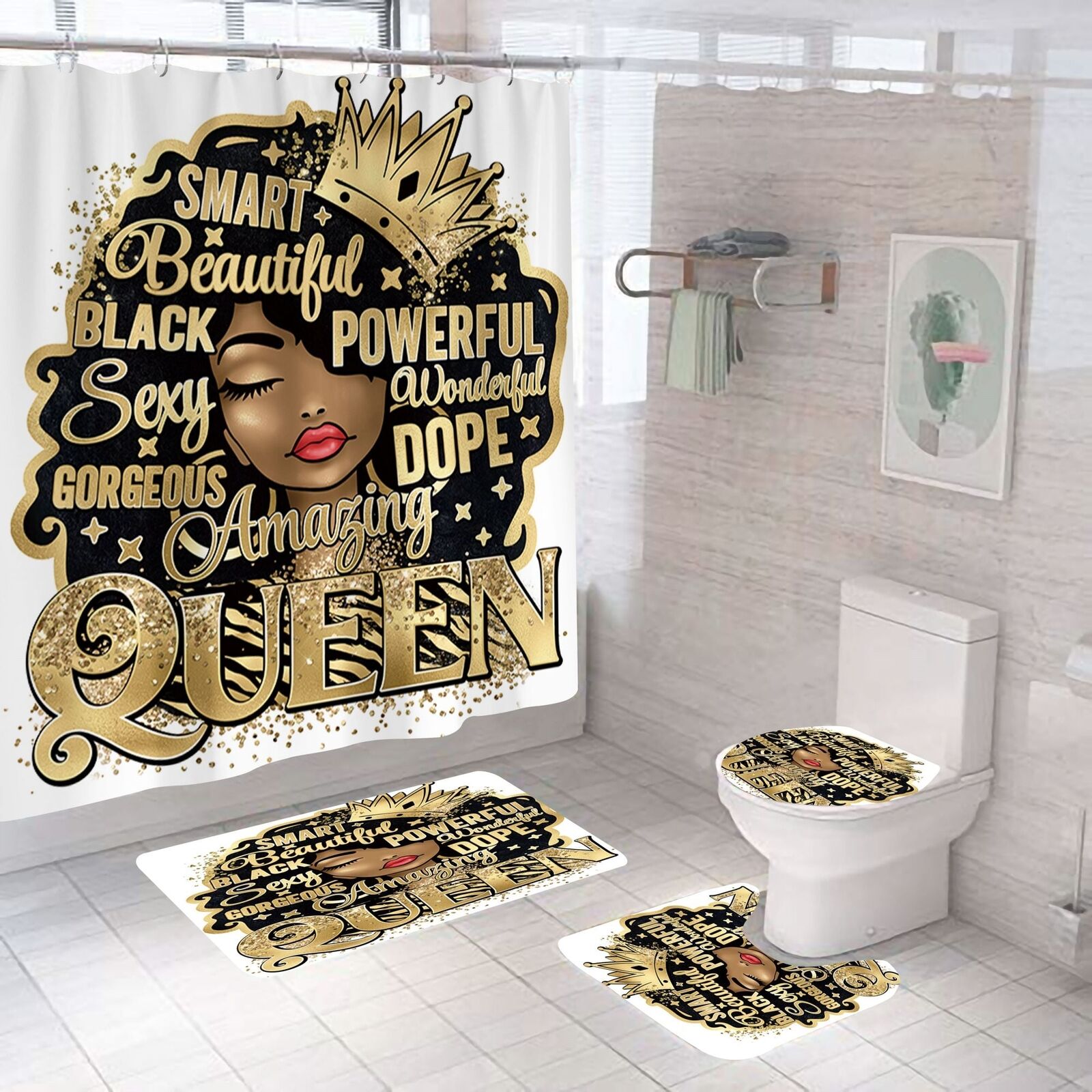 Queen Vibez African American Shower Curtain 4 Piece Set For Bathroom Decor