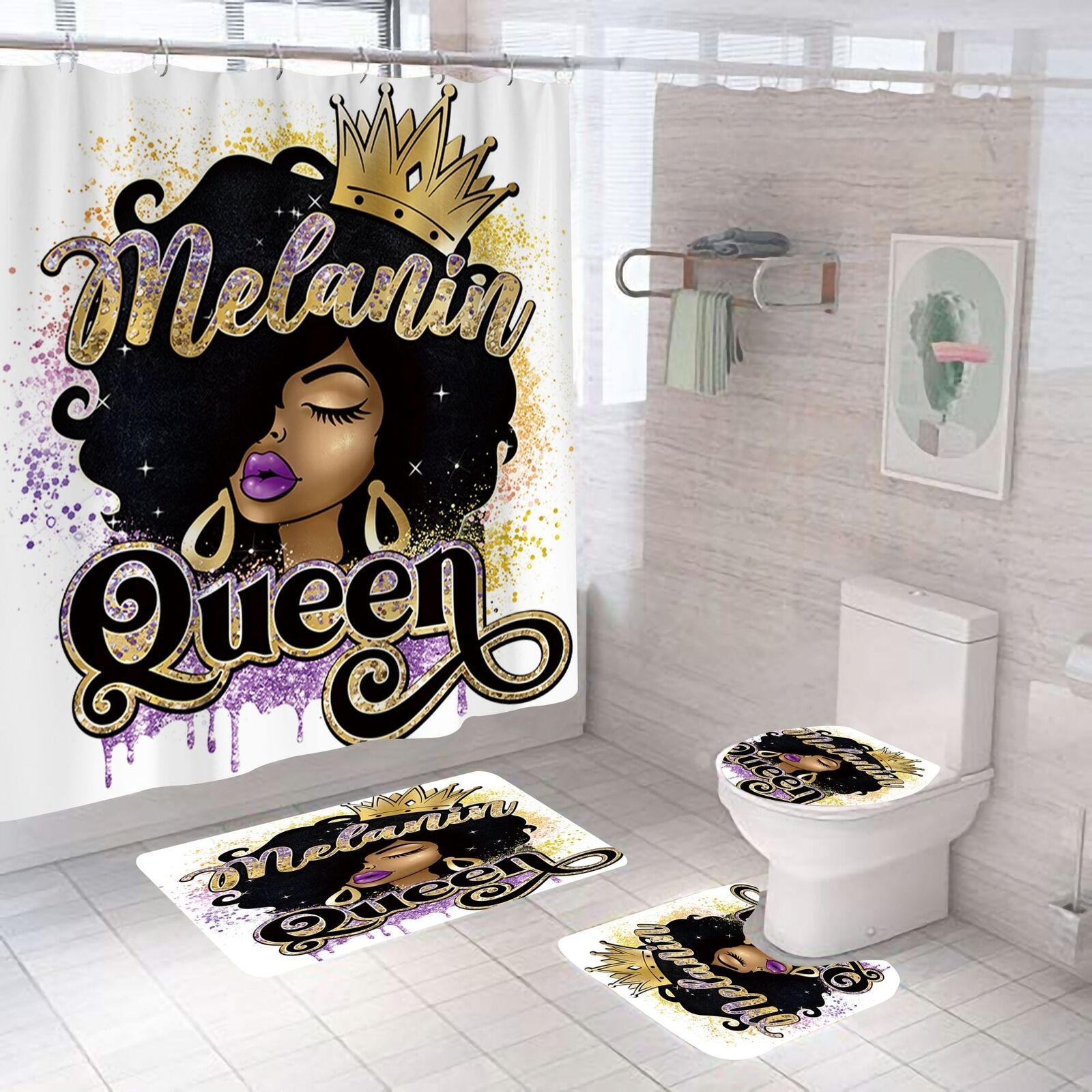 Queen Melanin African American Shower Curtain 4 Piece Set For Bathroom Decor