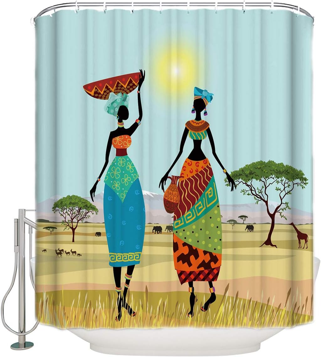 Sunset Grassland Giraffe Elephants Shower Curtain Elegant Fabric For Bathrooms