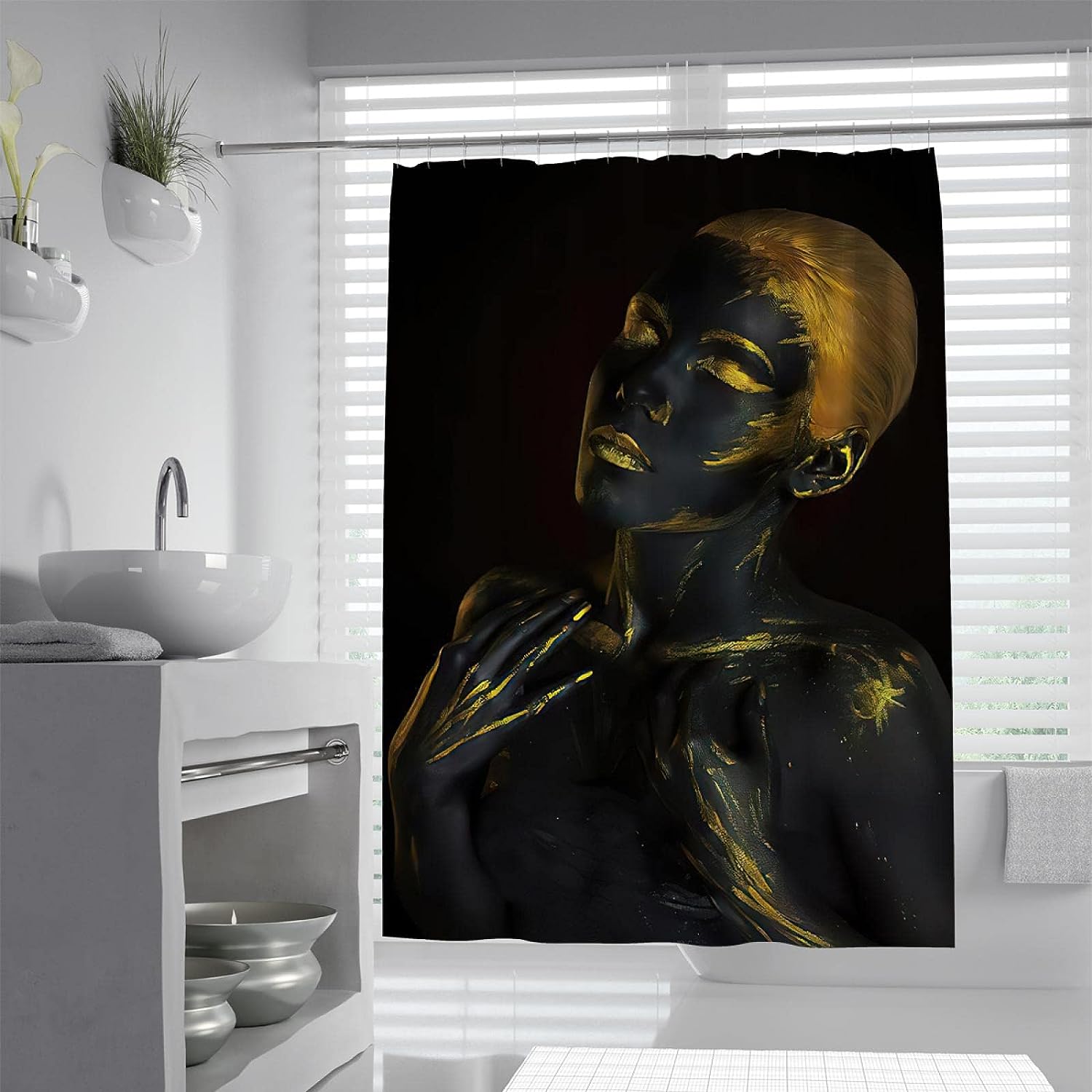 Golden Black Art African American Girl Shower Curtain 3D Printing Quick Drying Fabric Bath Decor
