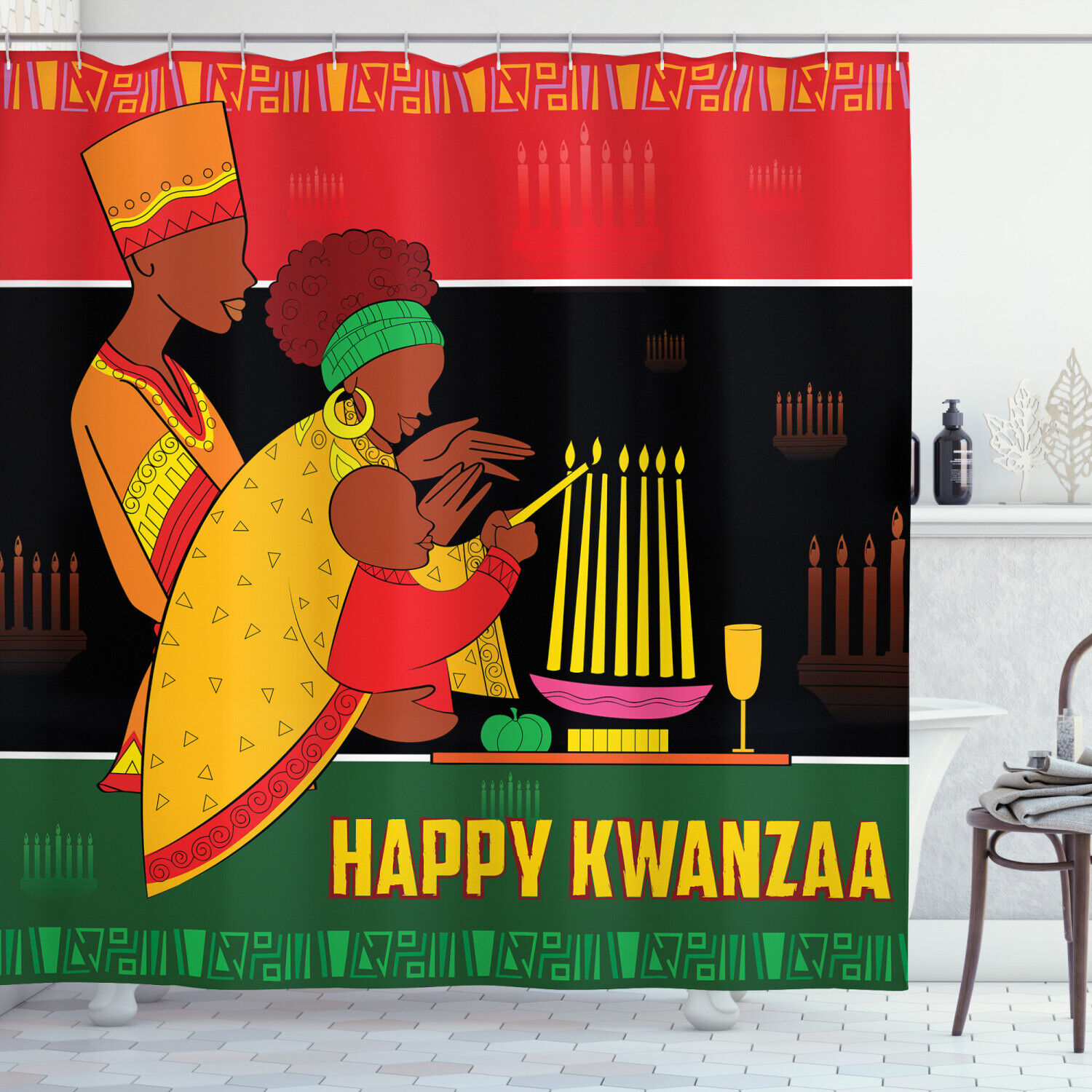 Family Celebration African American Shower Curtain Extra Long Fabric Bath Decor