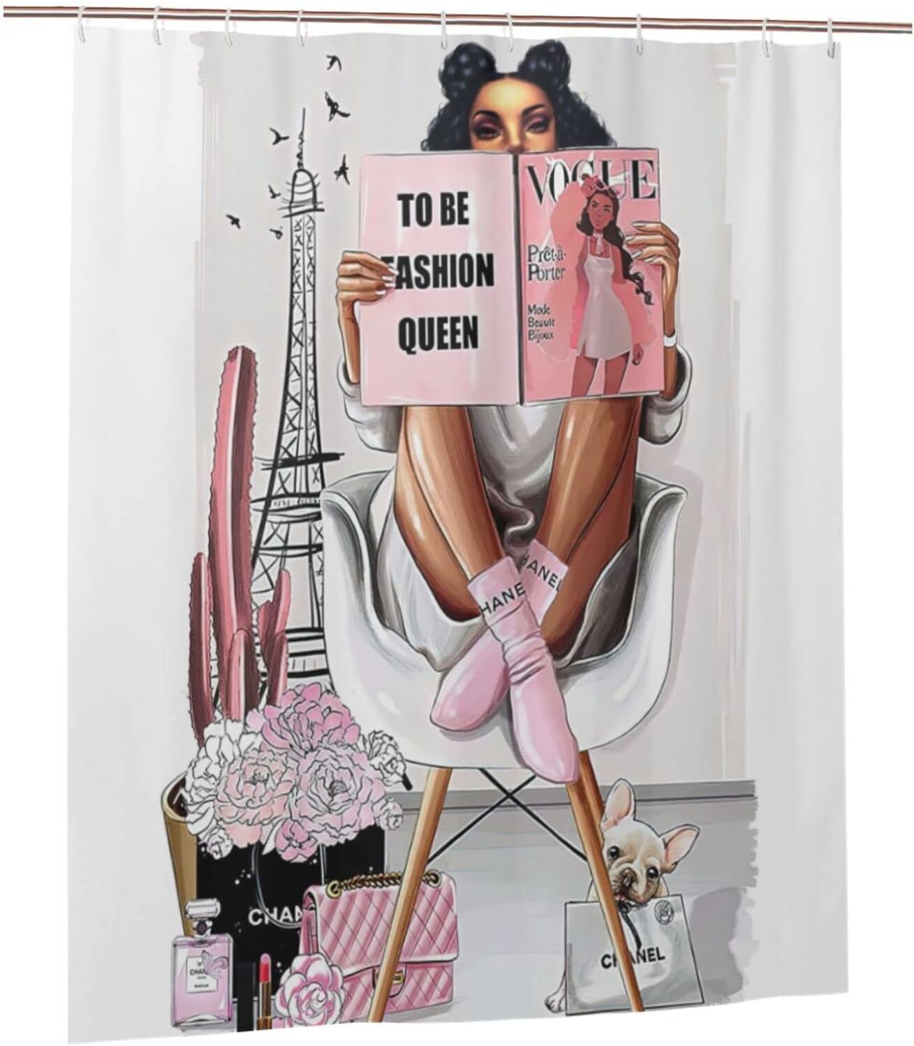 Elegant Pink African American Queen Shower Curtain Waterproof Fabric Bathroom Decor