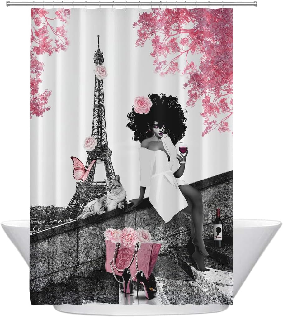 Eiffel Tower Fashion Black Girl Shower Curtain Chic Grey Pink Afro Woman Bath Decor