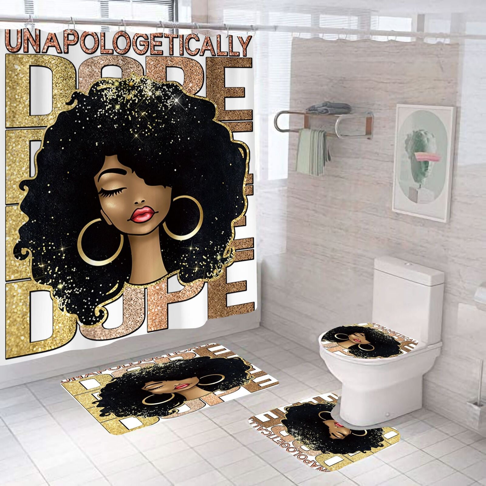 Dope Melanin African American Shower Curtain 4 Piece Set For Bathroom Decor