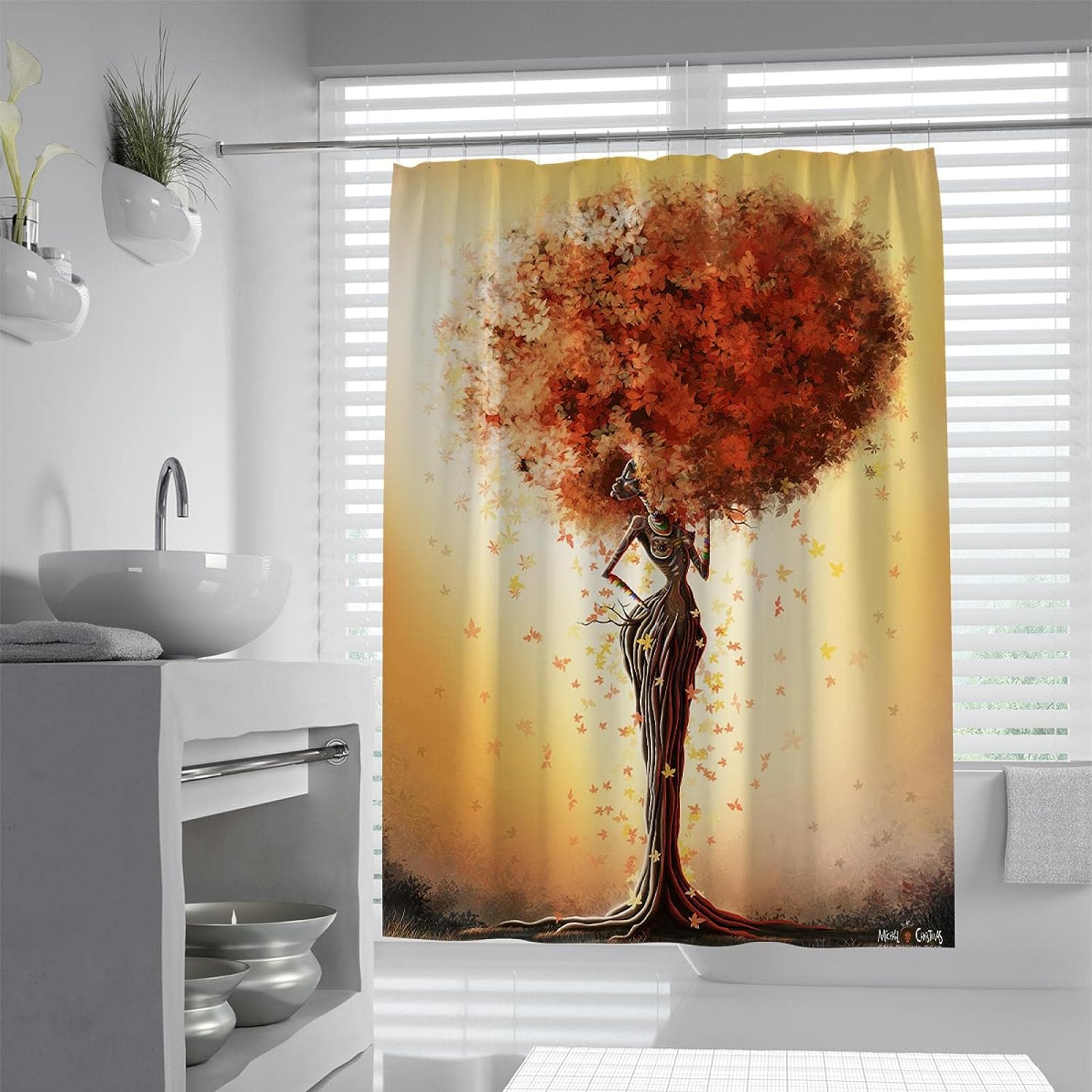 Futuristic Design With Nature Landscape African Black Girl Shower Curtain For Unique And Modern Bathroom Decor