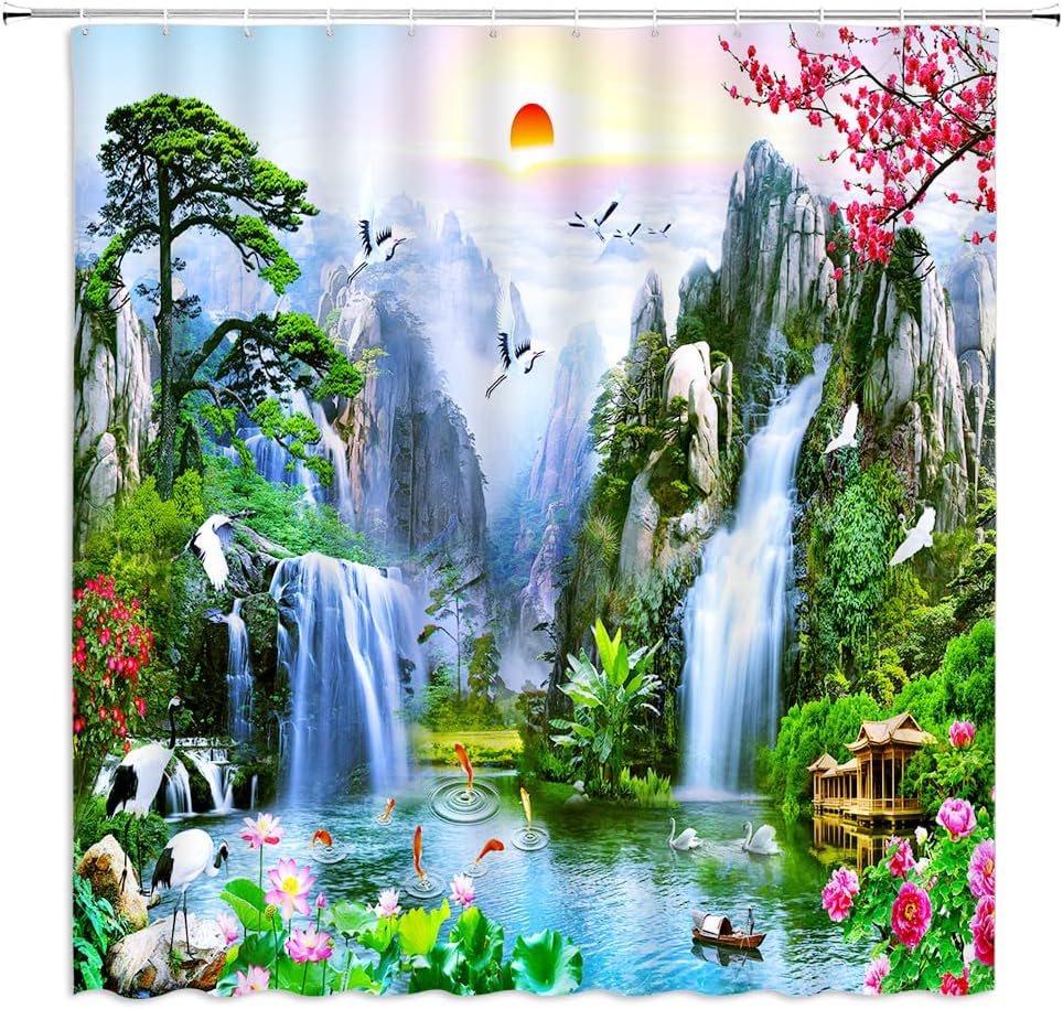 Forest Waterfall Landscape Shower Curtain With Birds, Flower And Tree Design
