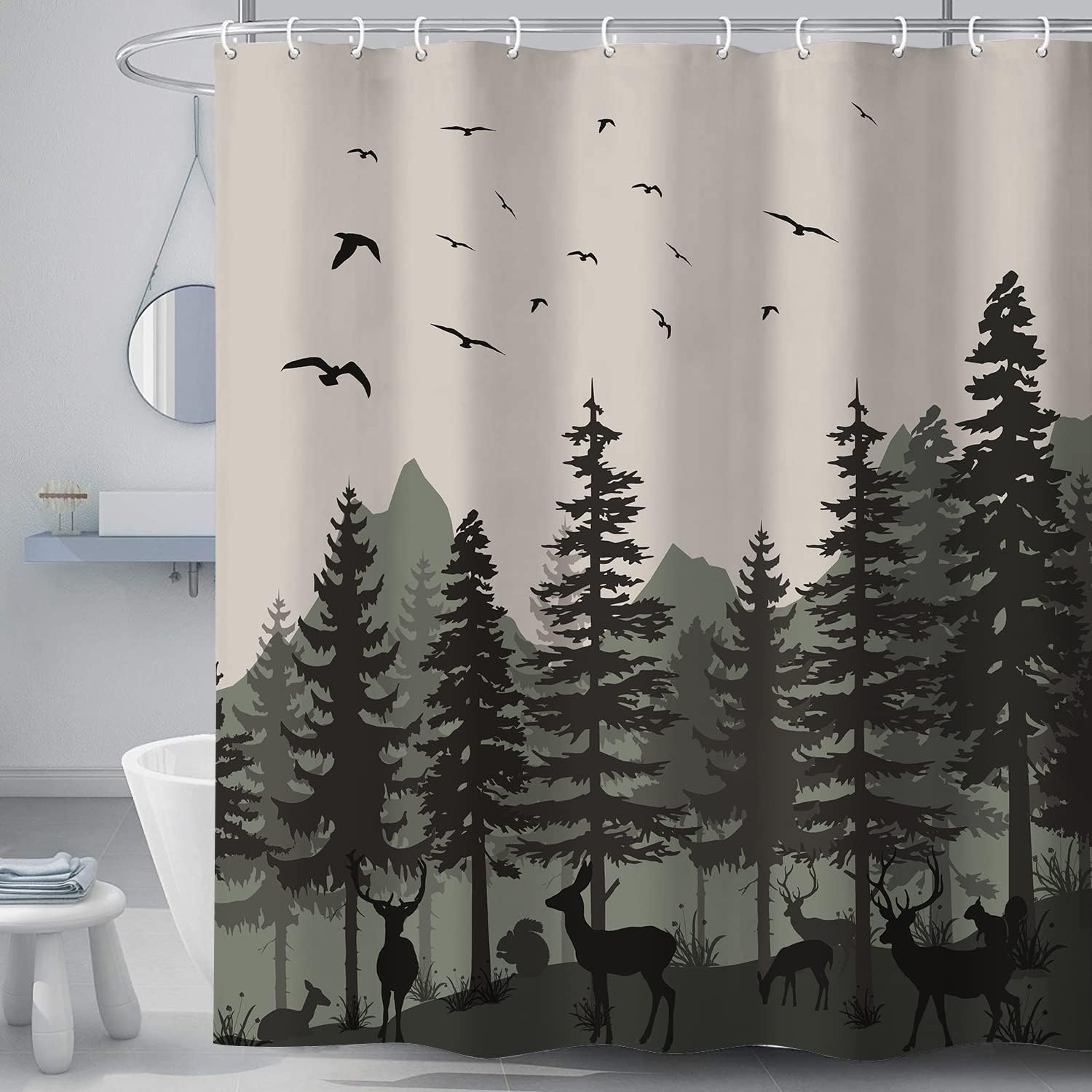 Rustic Adventure Themed Shower Curtain With Forest Mountains And Wildlife Design