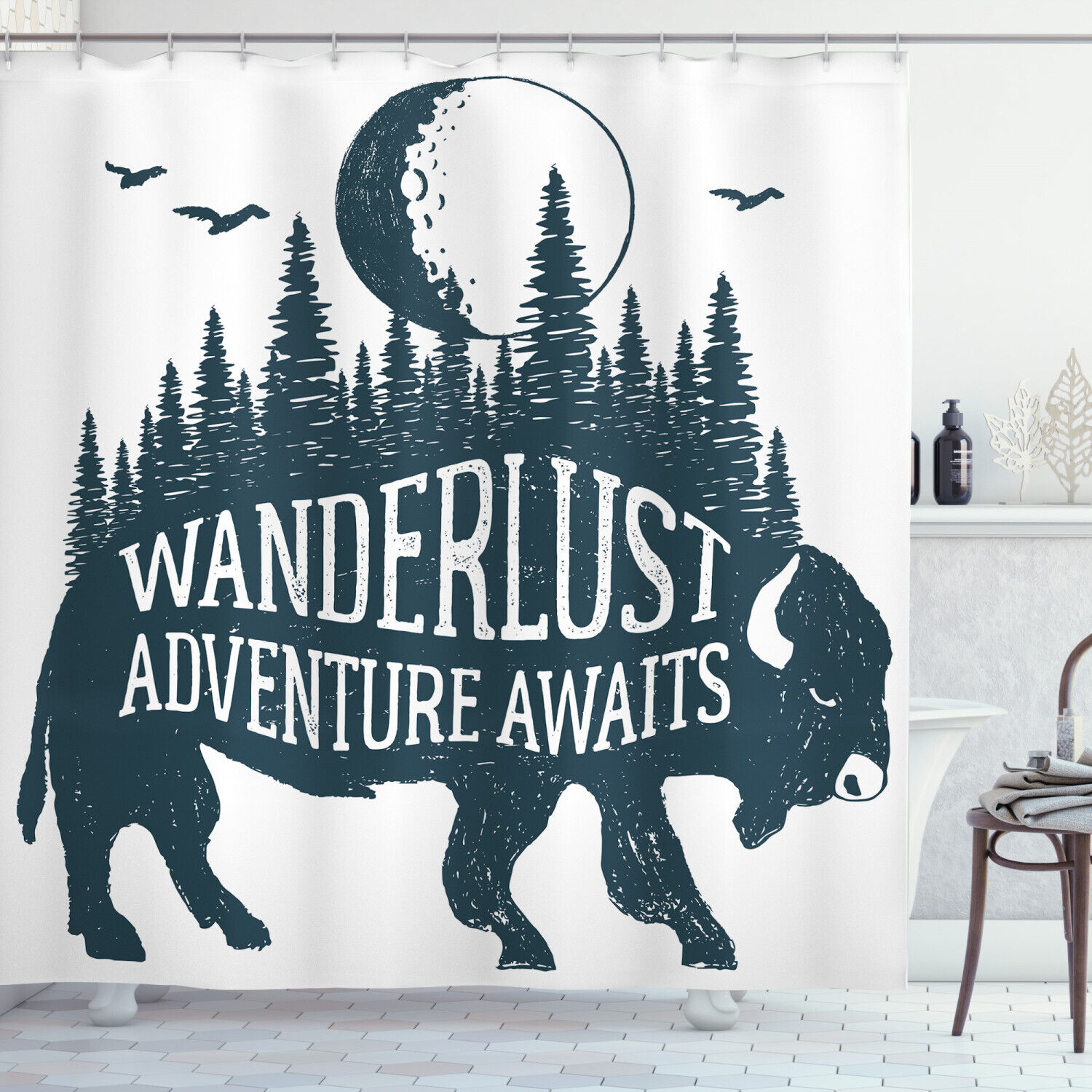 Buffalo Forest Moon Adventure Shower Curtain For Rustic Bathroom Decor