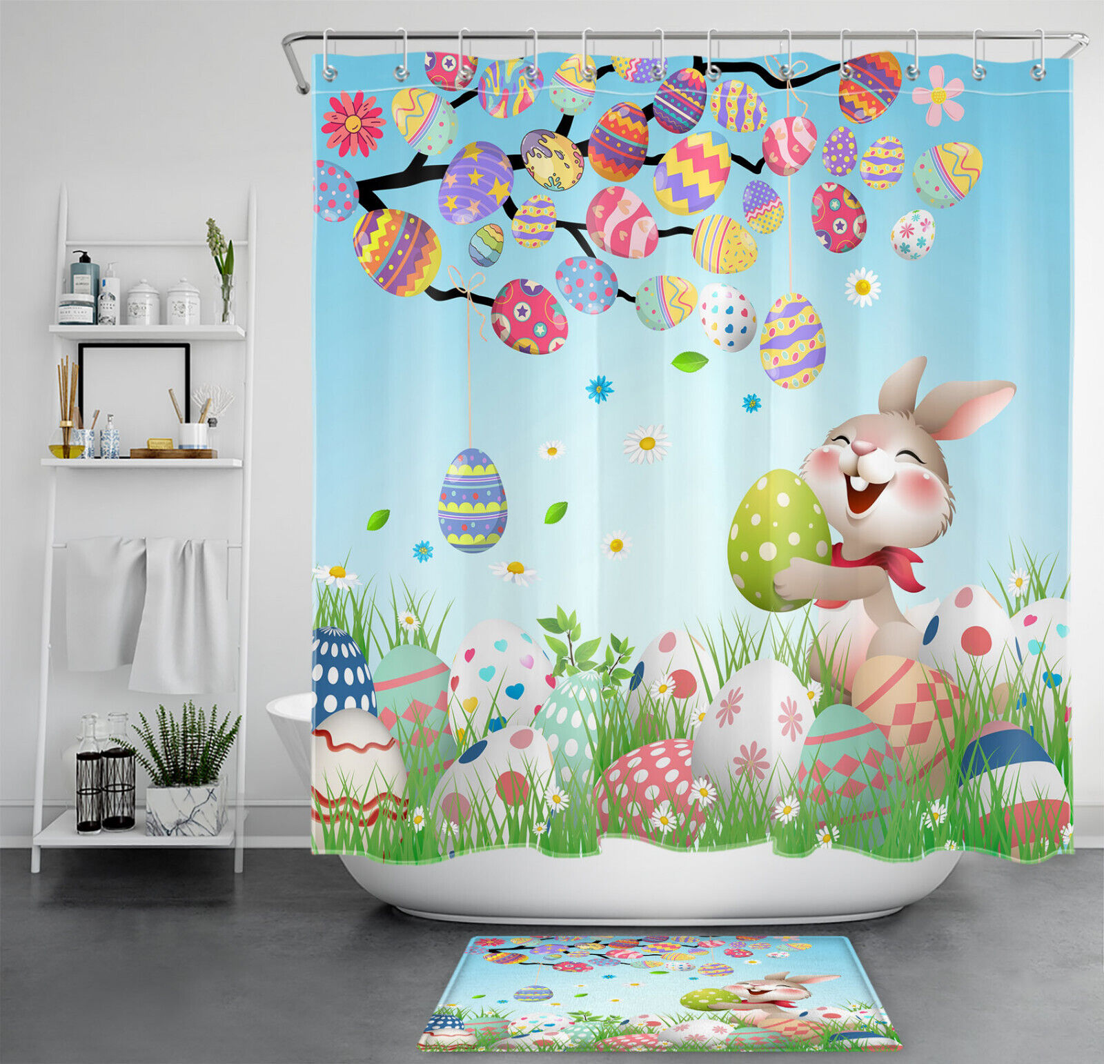 Easter Shower Curtain With Cute Bunny Design For Fun And Festive Bathroom Decor