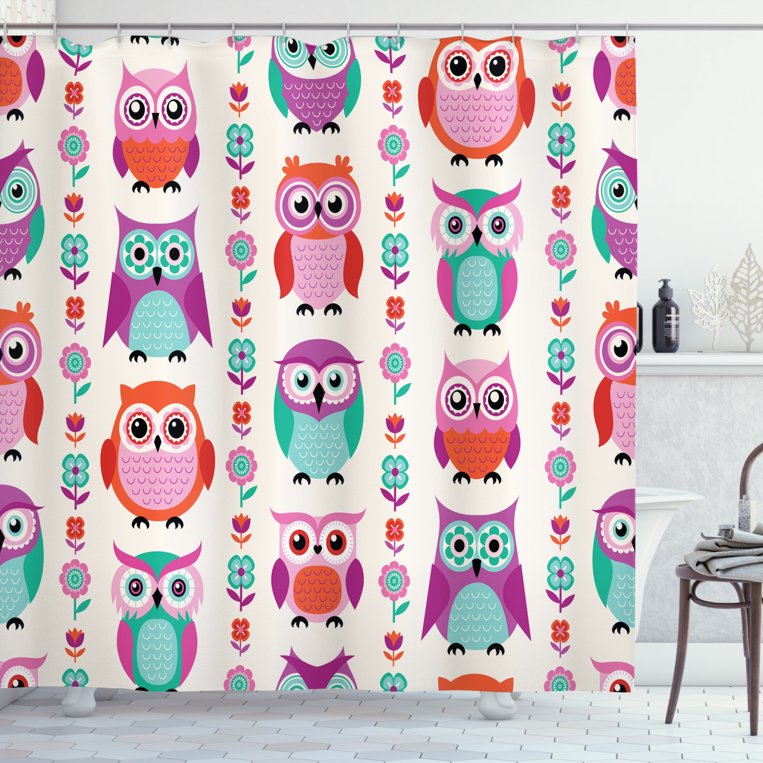 Spring Flowers And Owls Decorative Extra Long Shower Curtain For Vibrant Home Decor