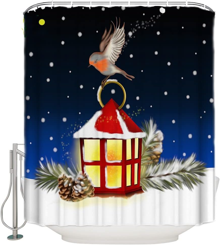 Snowy Christmas Shower Curtain With Bird Design For Festive Home Decoration