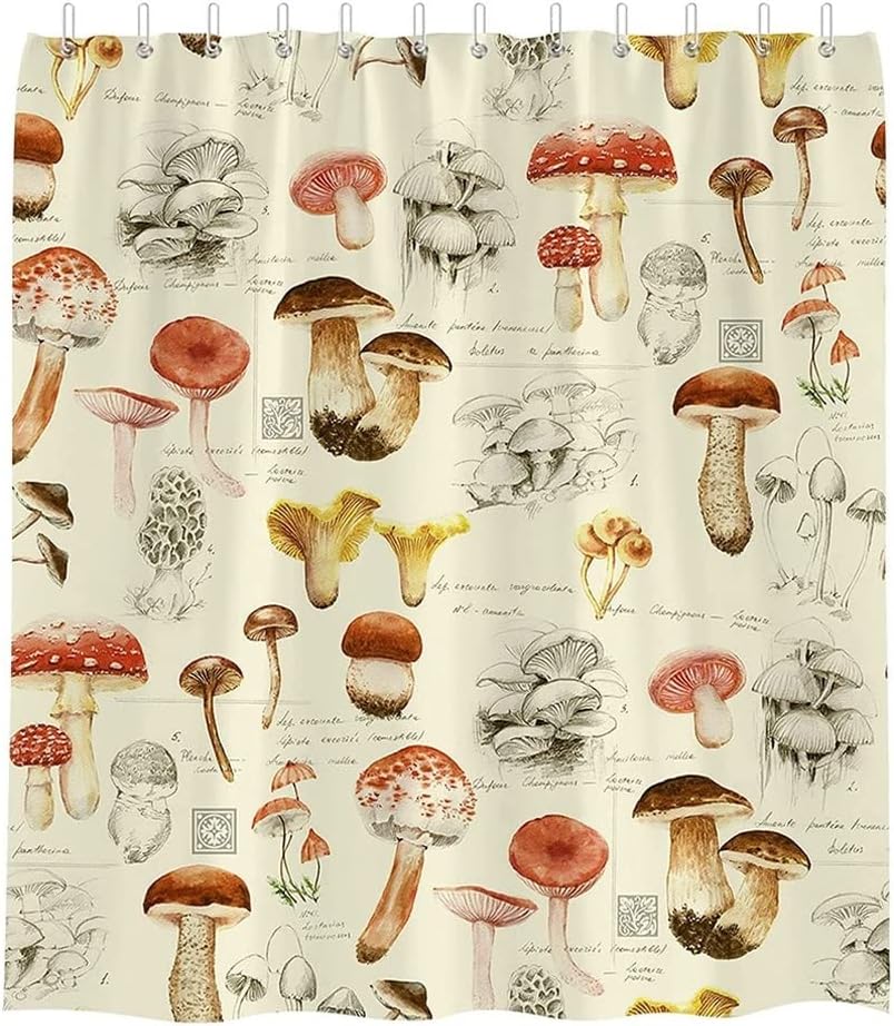 Retro Plants And Mushroom Shower Curtain For Psychedelic Bathroom Decor