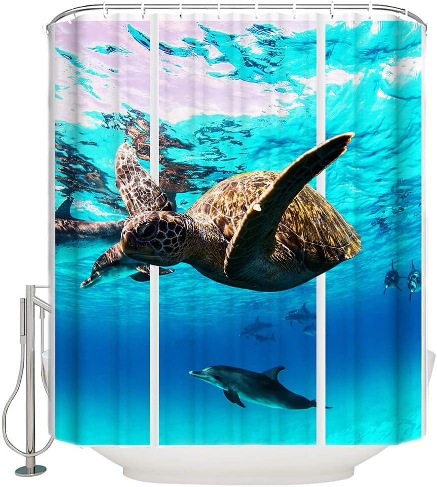 Ocean Life 3D Shower Curtain With Sea Turtle And Dolphin Design For Bathroom Decor