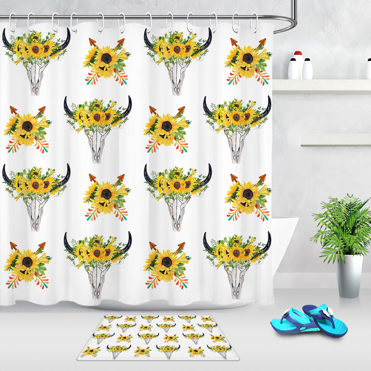 Sunflowers Deer Arrows Waterproof Shower Curtain Abstract Design With Bathroom Decor