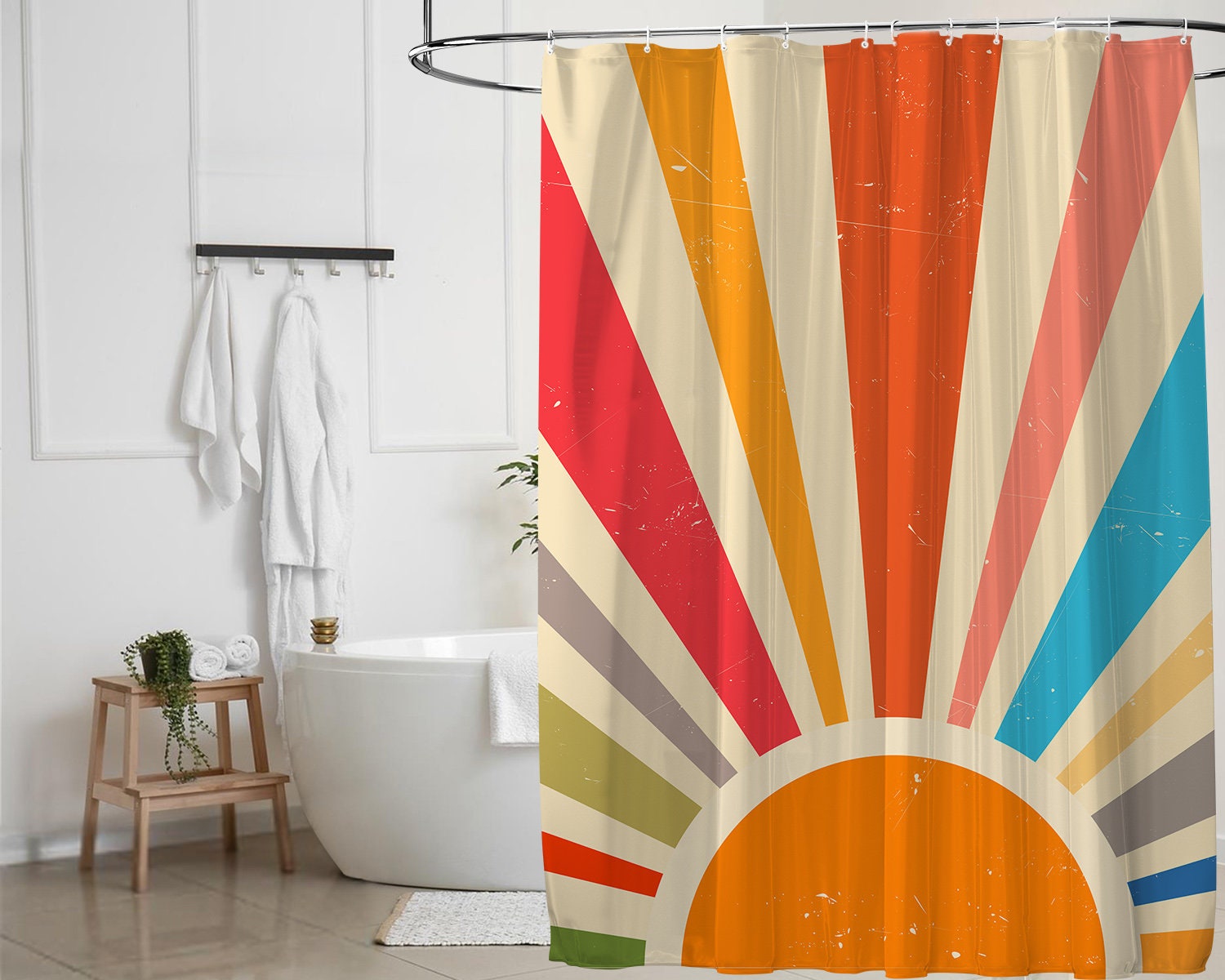 Boho Vintage Sunburst Rainbow Shower Curtain Abstract Sun Design With Personalized Home Decor And Bathroom Decor Gift