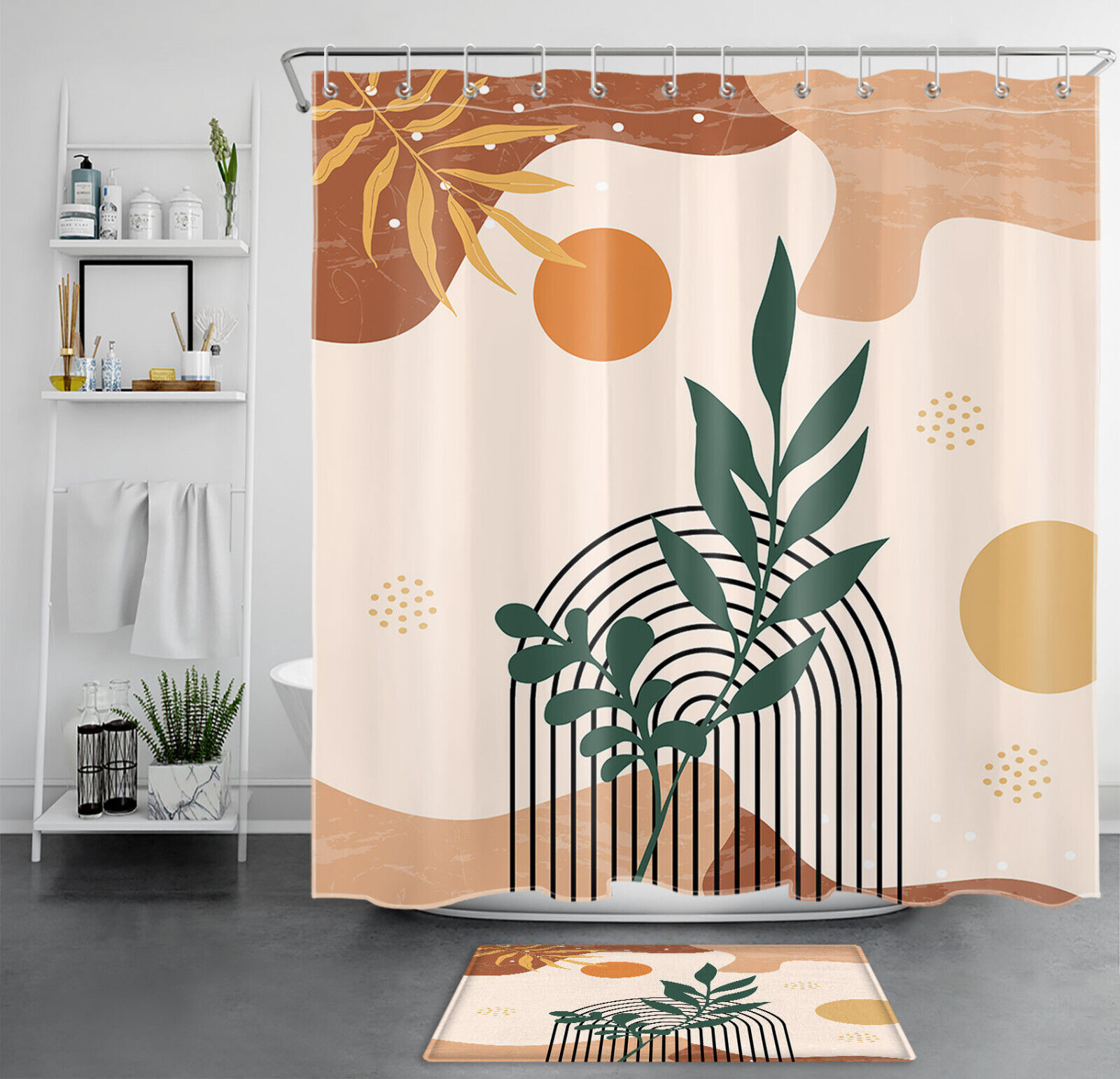 Mid Century Shower Curtain Green Leaf Arched Abstract Sun Design For Bathroom