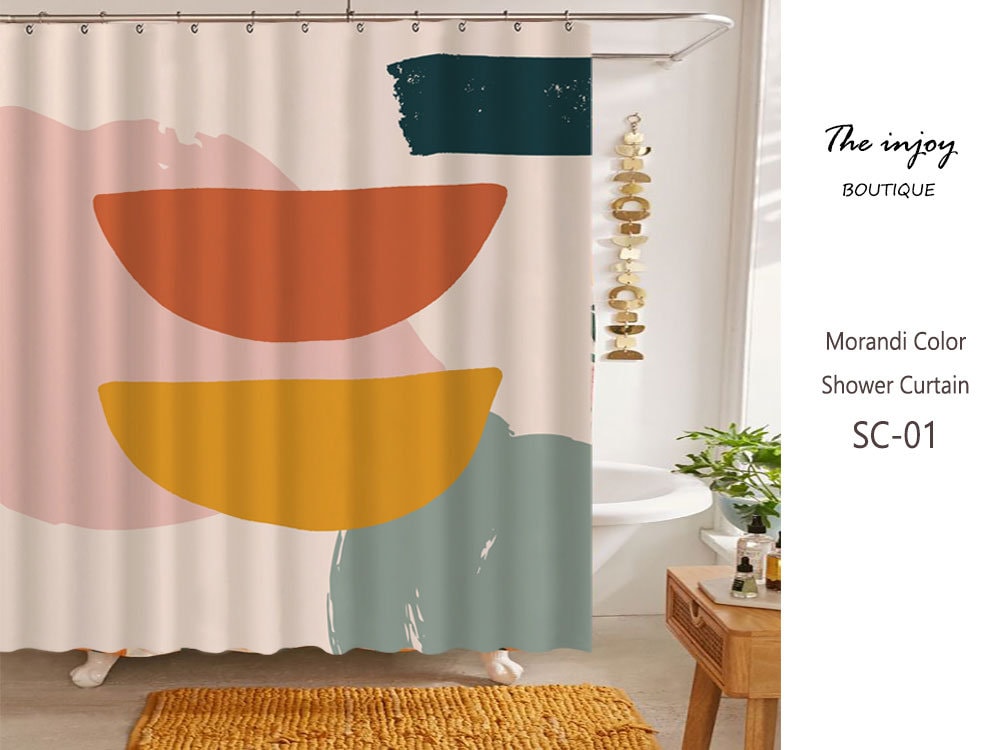 Pink Orange Blue Geometric Pattern Abstract Shower Curtain For Hanging Bathroom Decor