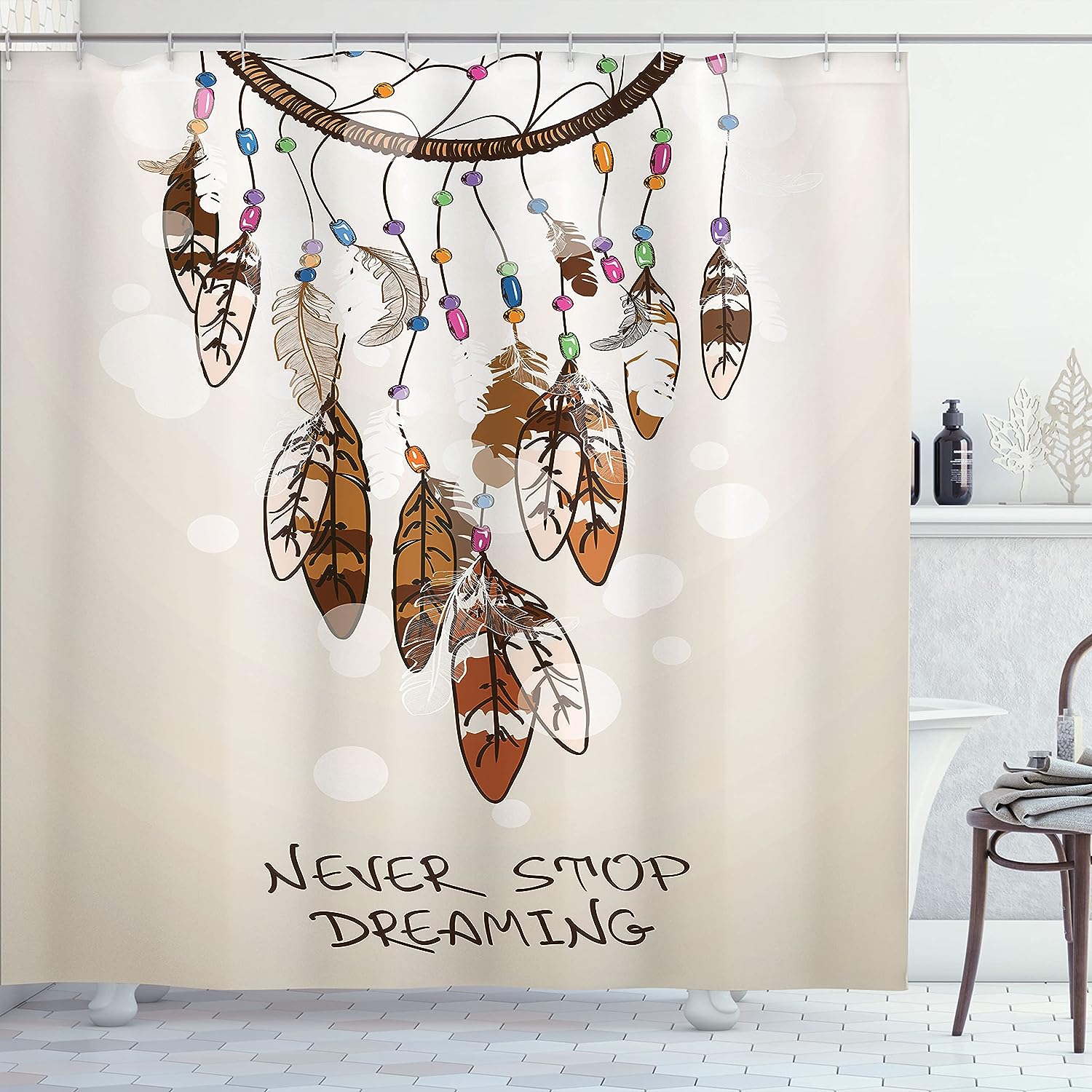 Dreamcatcher Feather Shower Curtain, Never Stop Dreaming Typography Cartoonish Style For Bathroom Decor, Beige And Brown
