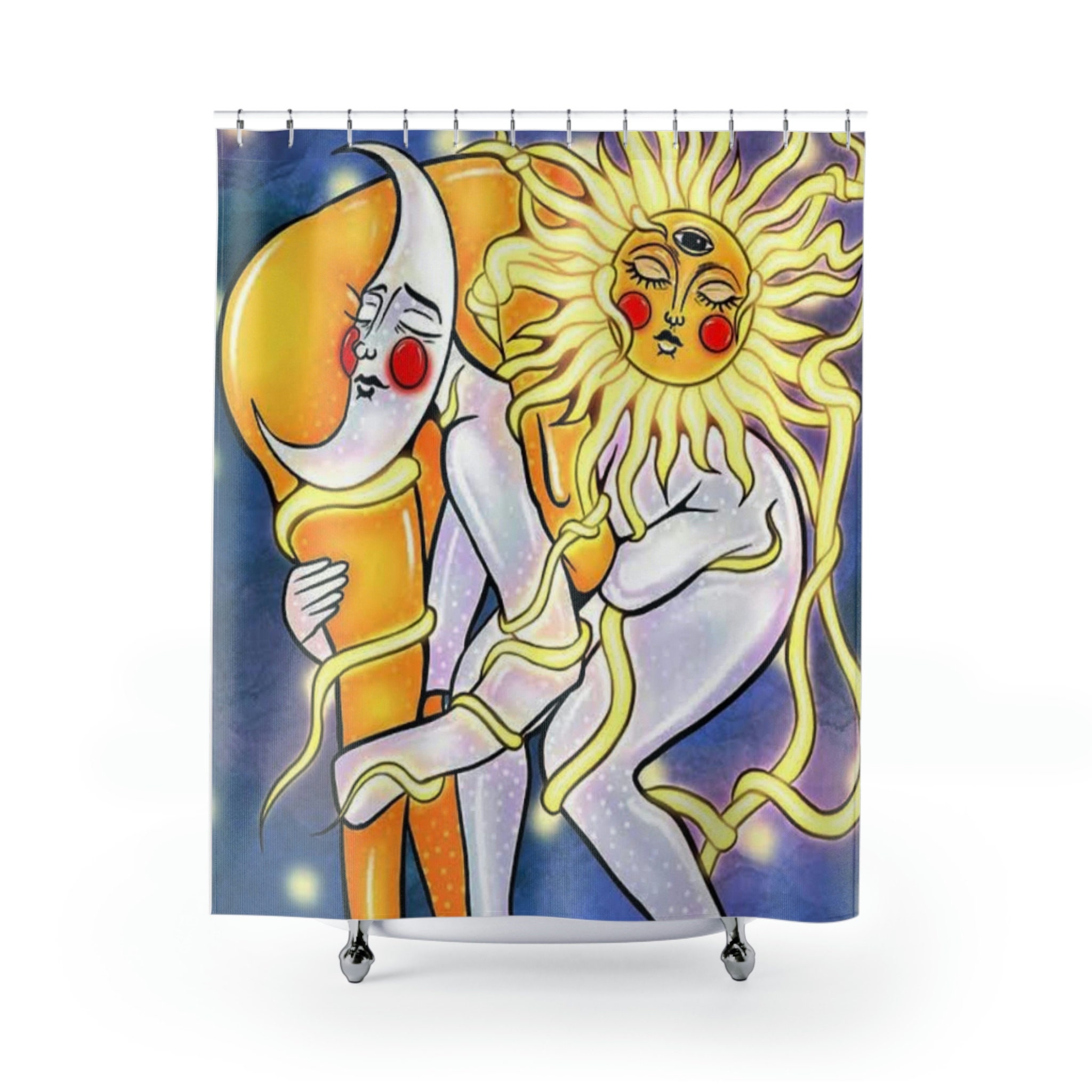 Celestial Abstract Sun And Moon Shower Curtain Unique Trippy Bathroom Decoration