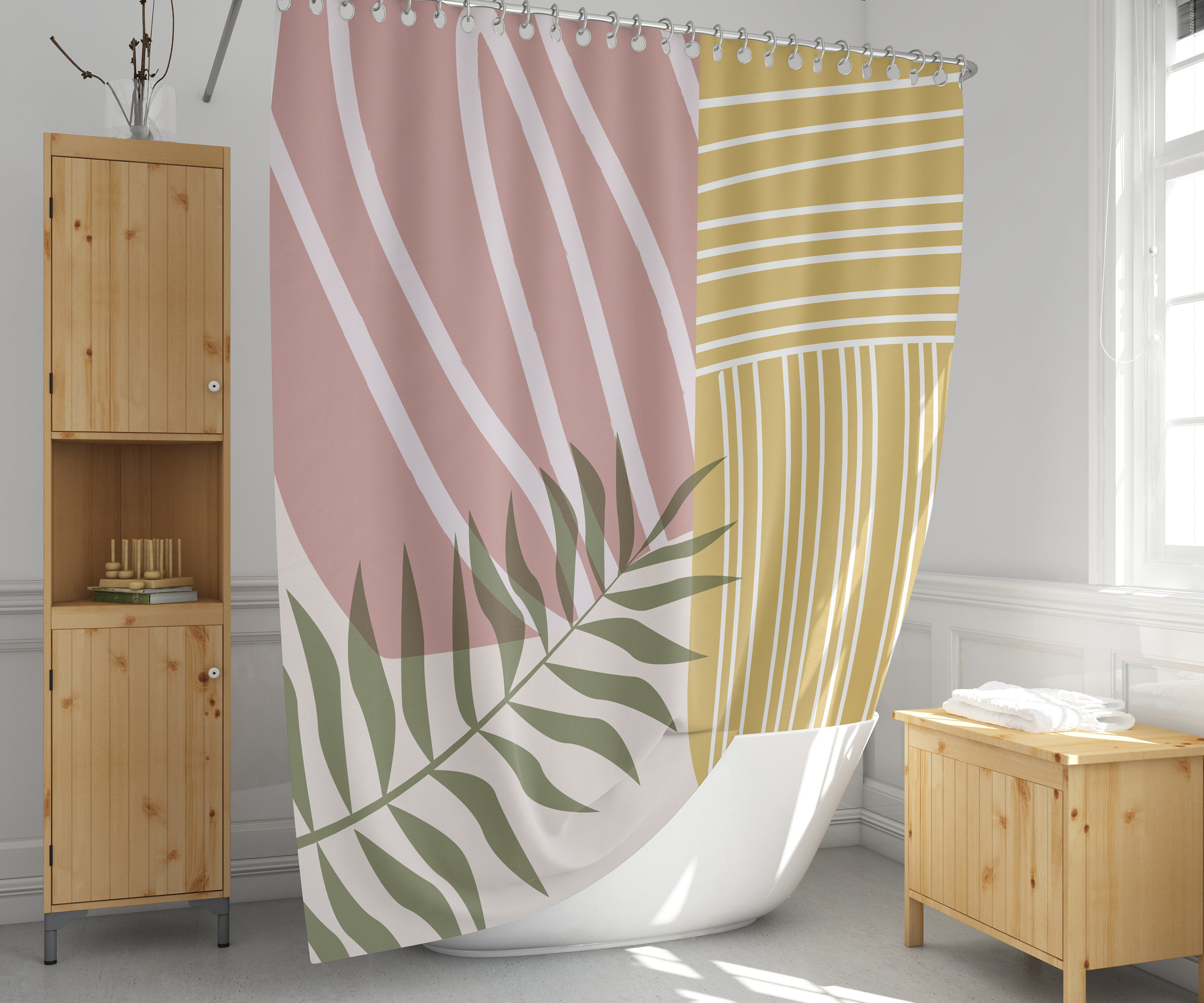Pink And Yellow Tropical Plant Abstract Shower Curtain For Aesthetic Bathroom Decor
