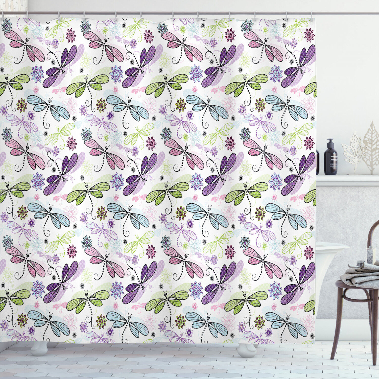 Dragonflies Flowers Print Abstract Shower Curtain For Serene Bathroom Decor