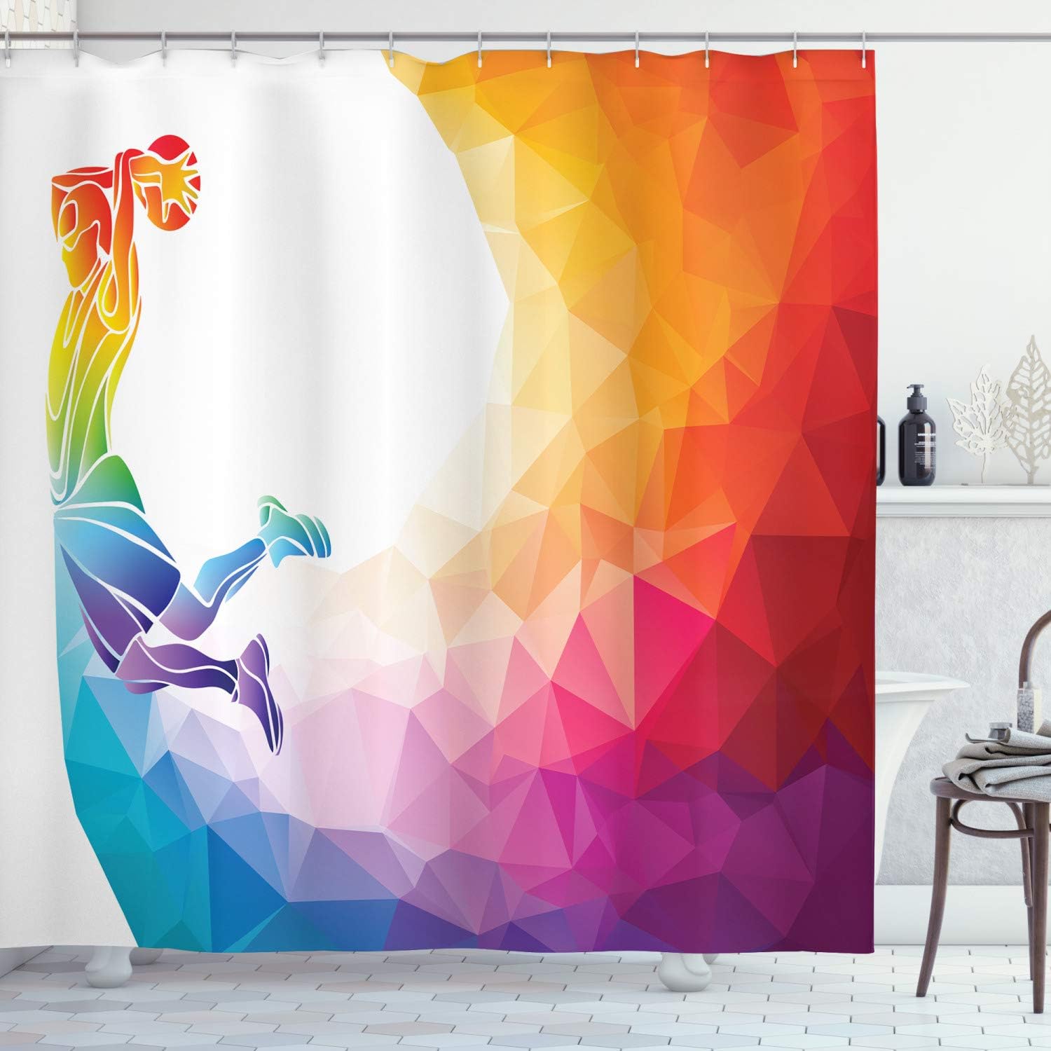 Rainbow Colored Vivid Basketball Shower Curtain, Player Sports Man Jumps Print Cloth Bathroom Decor In Multicolor