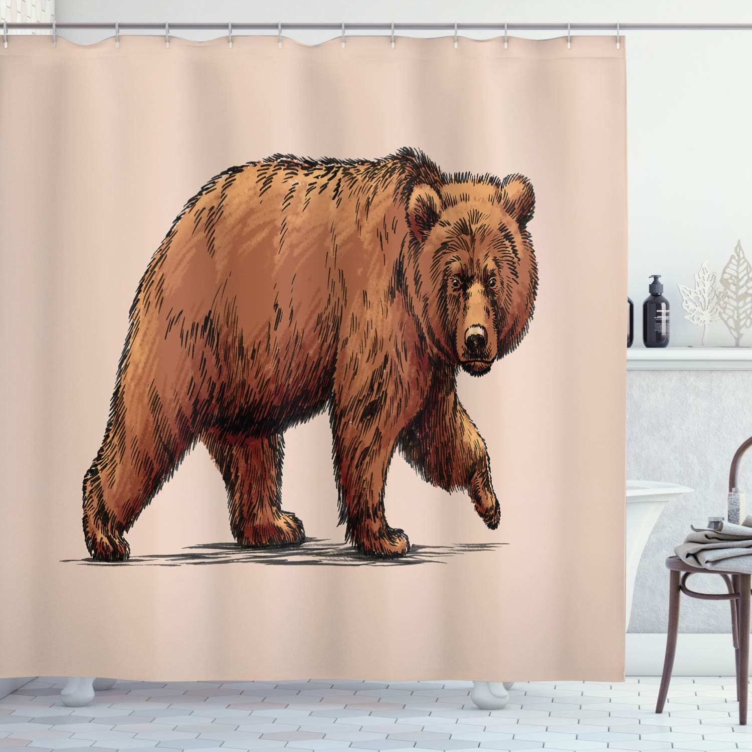 Ink Drawing Style Bear Shower Curtain, Wildlife Themed Art Cloth Bathroom Decor In Brown Rose