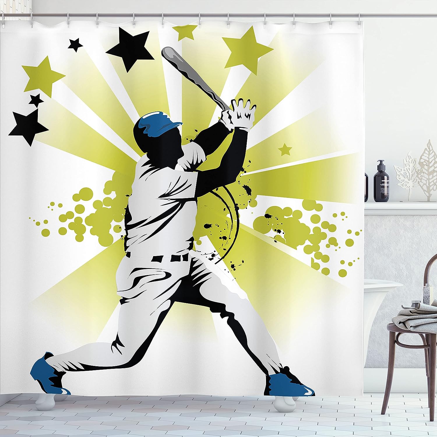 Pitcher Hits The Ball Shower Curtain, Stars All Over The Bat Cloth Bathroom Decor In White Green