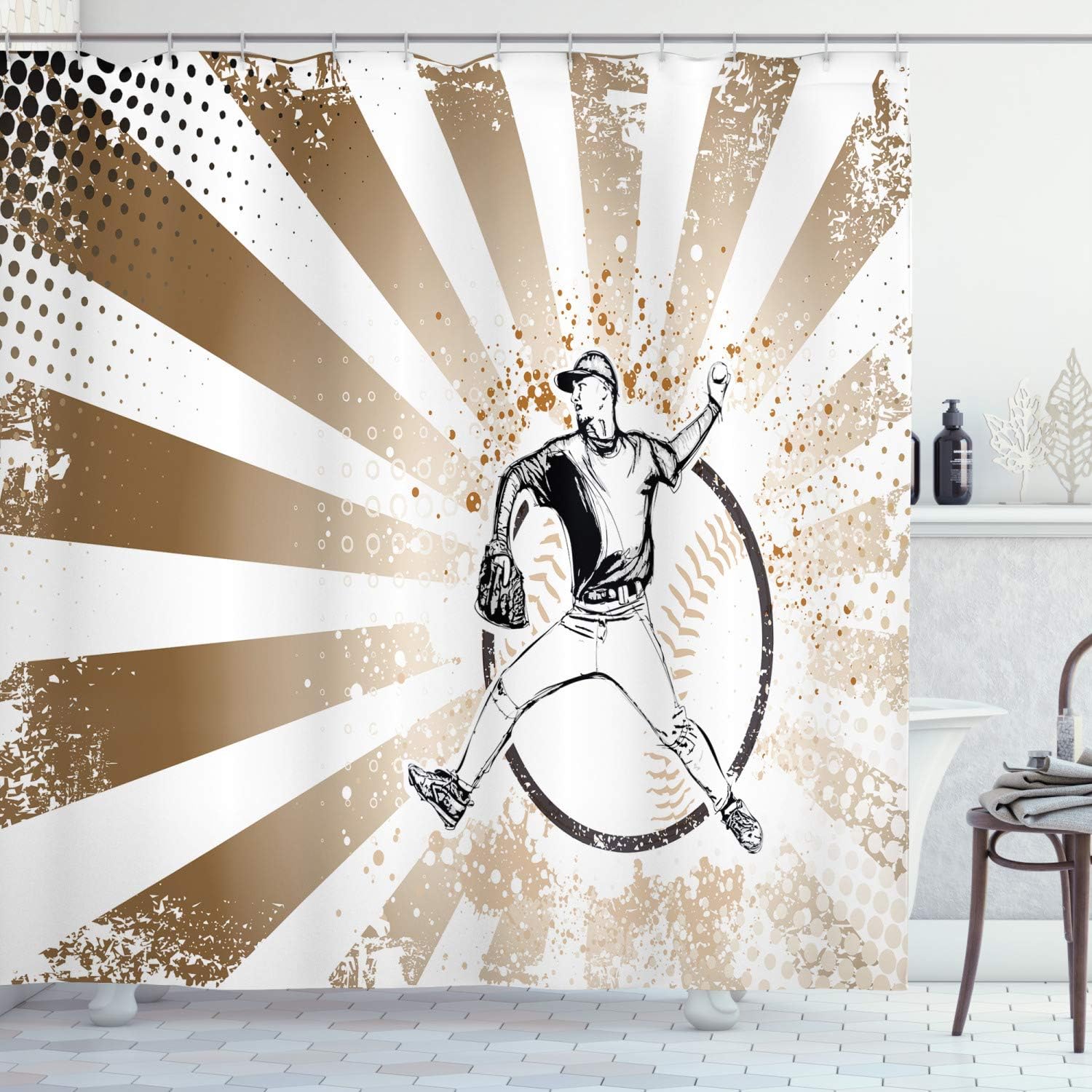 Retro Baseball Player Shower Curtain, Pop Art Image Cloth Bathroom Decor In Brown White