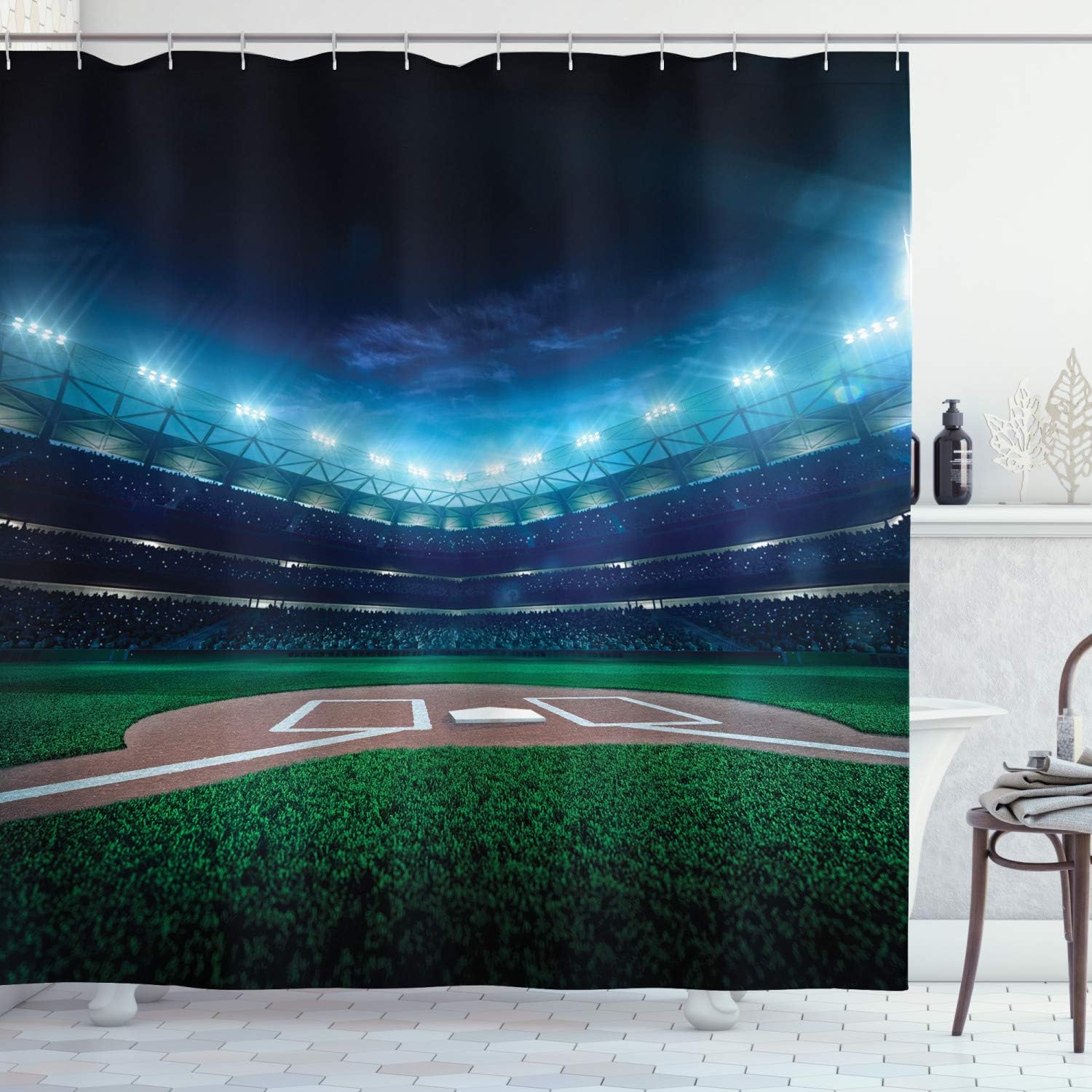 Professional Baseball Shower Curtain, Vibrant Playground Stadium League Theme Print For Sports Bathroom Decor