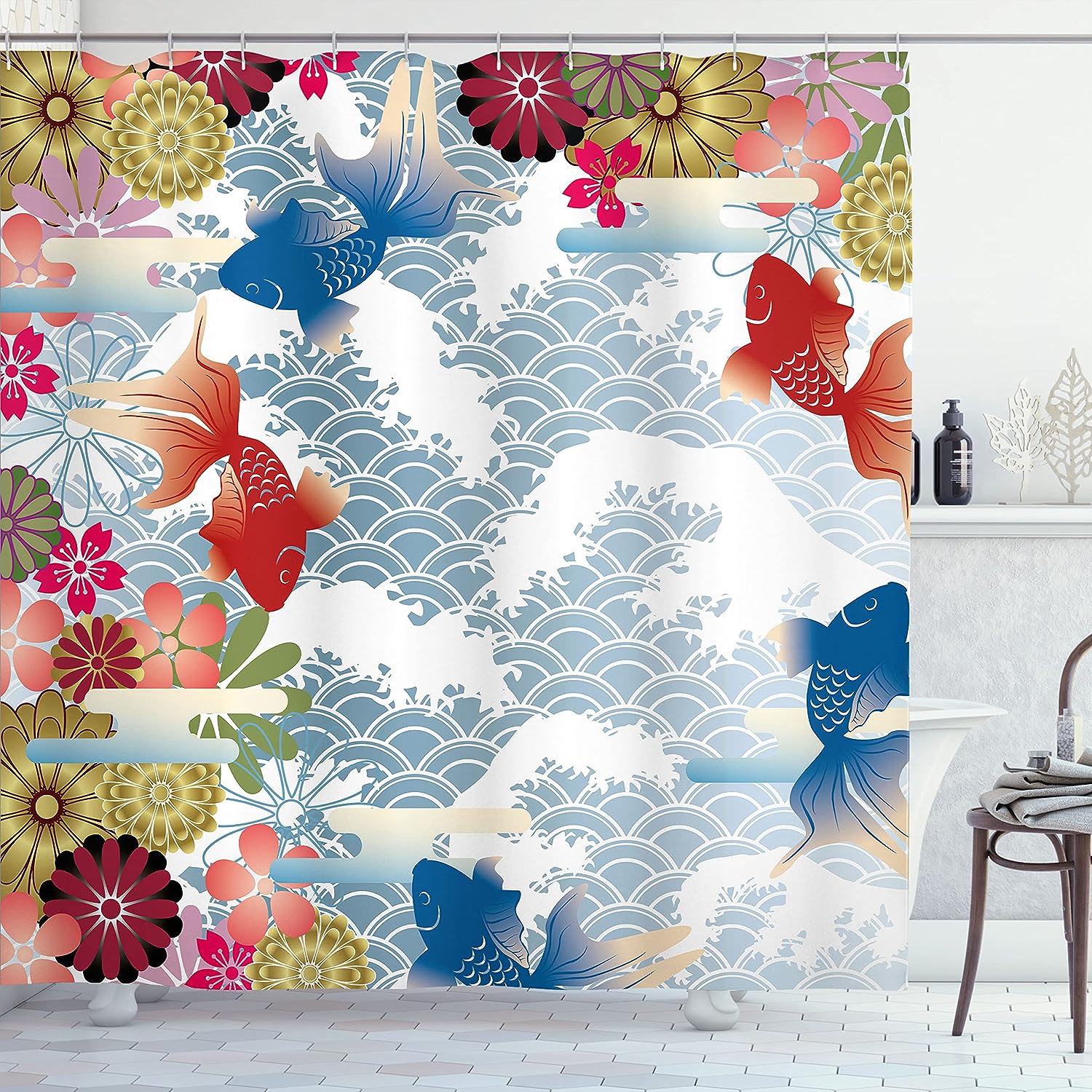 Japanese Koi Fish Shower Curtain, Soft Tone Floral Folk Design For Bathroom Decor
