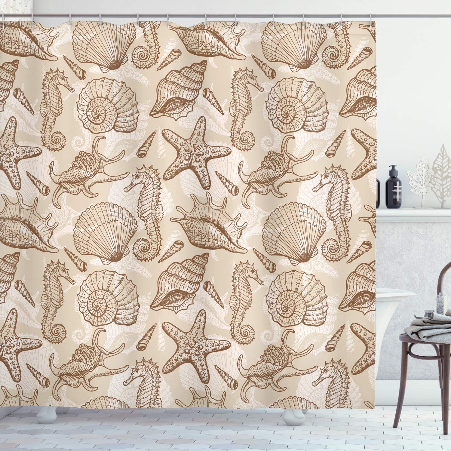 Exotic Marine Animals Shower Curtain, Retro Style Shells Starfish Seahorse Print For Bathroom Decor, Eggshell Brown White