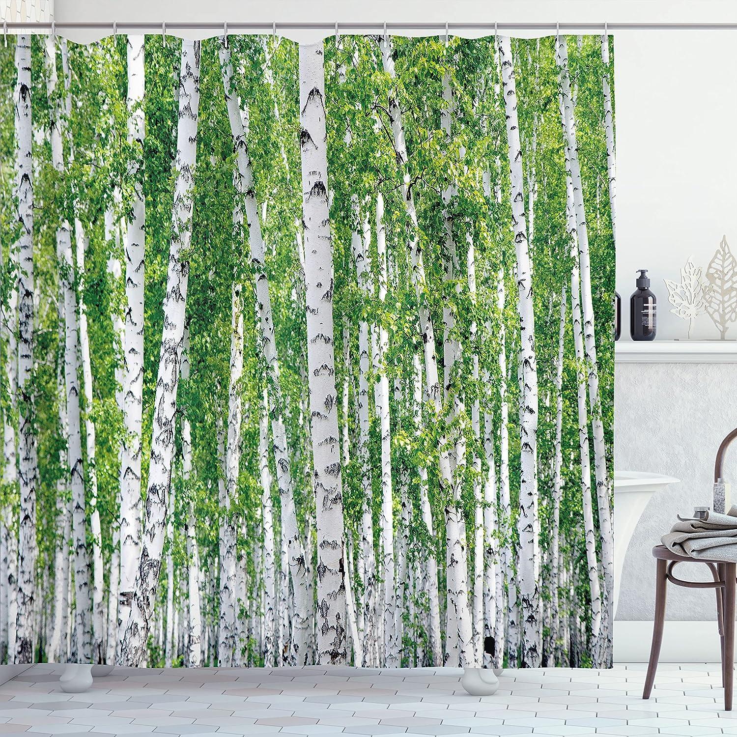Fresh Green Leaves Shower Curtain, Summer Forest Landscape Print Bathroom Decor, Green White Black