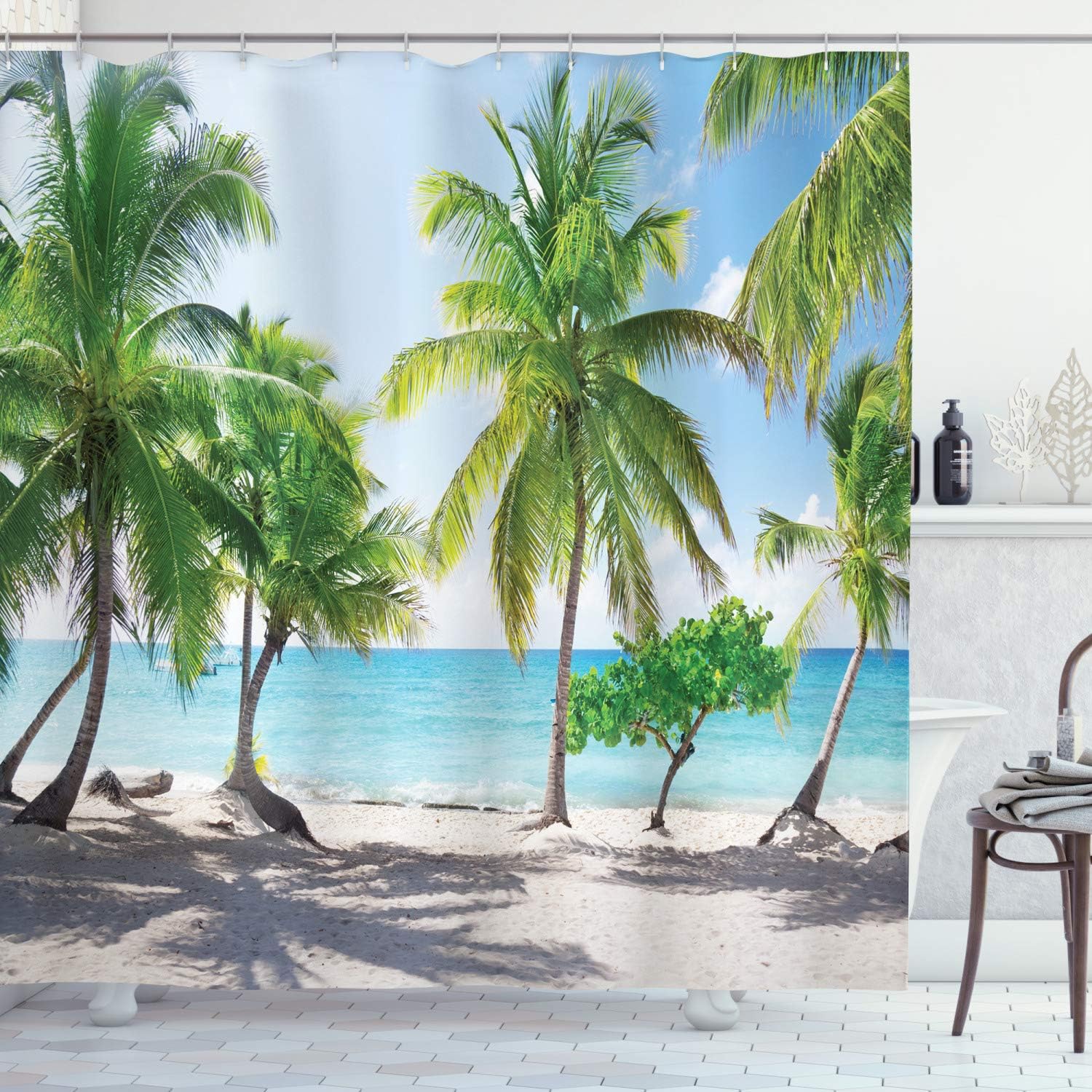 Palm Leaves In Catalina Island Shower Curtain, Coastal Panoramic Picture Cloth Bathroom Decor In Green Aqua Coconut